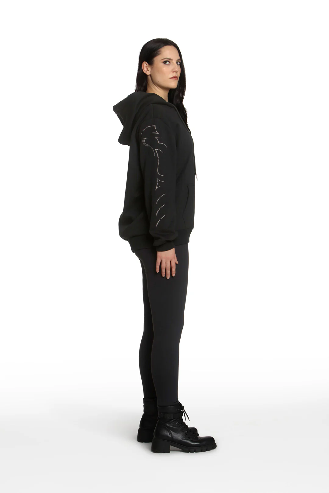 Black Oversized Hoodie with Metallic Cobra Sleeve - Image 7