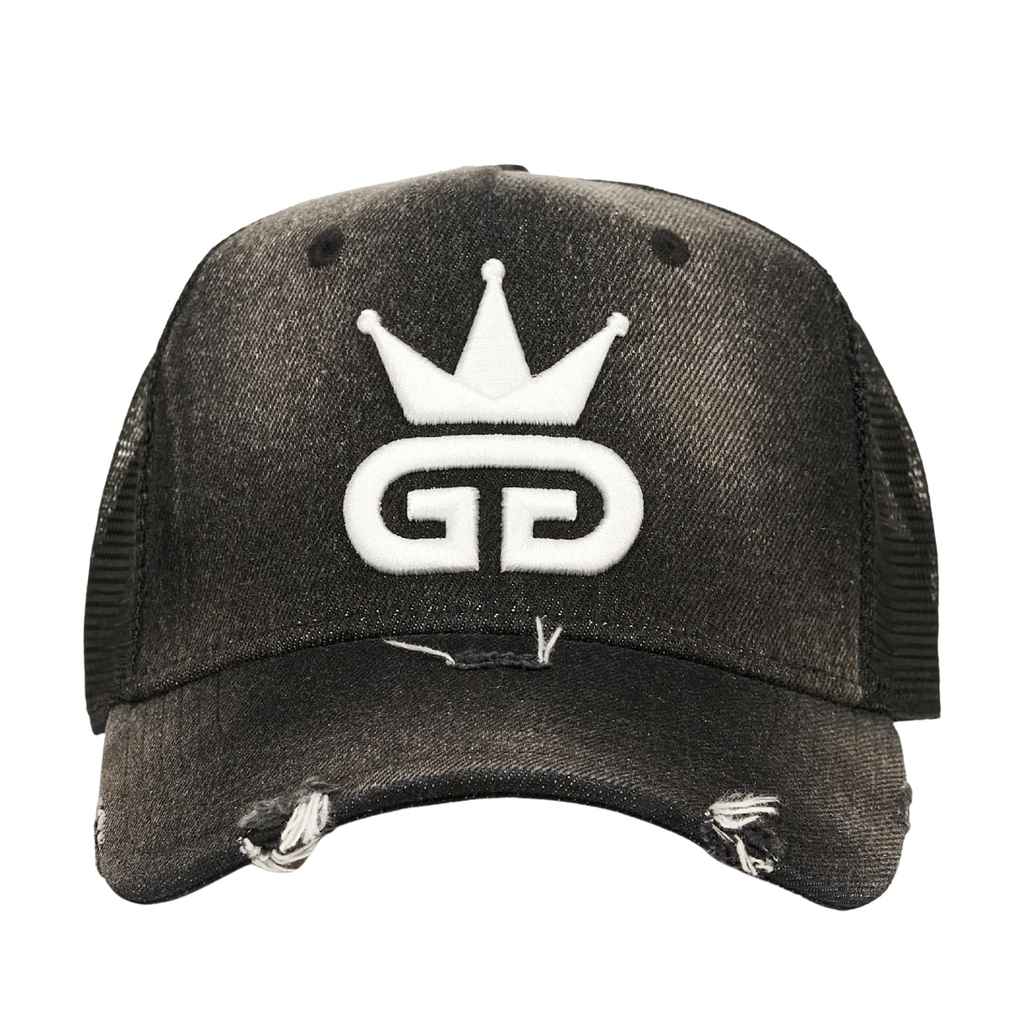 Acid Wash Distressed Black Denim Mesh Hat