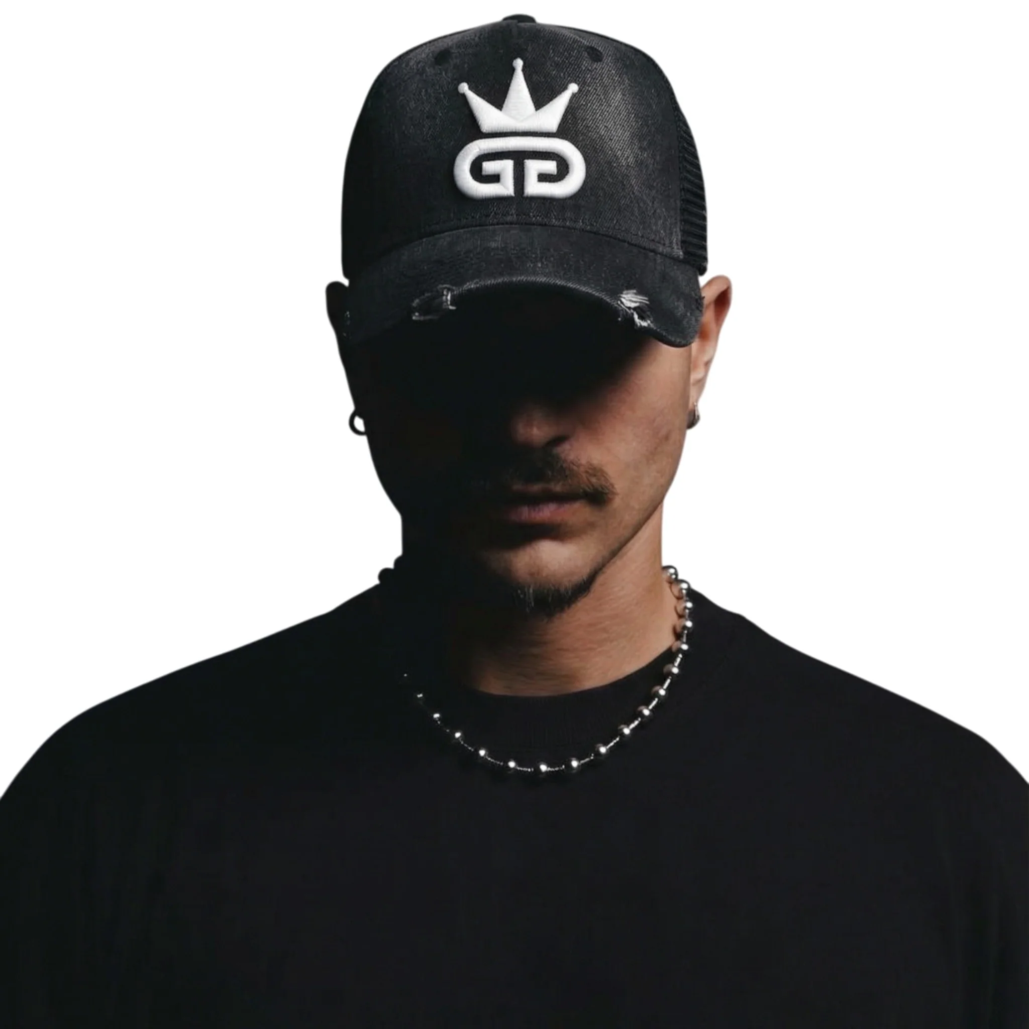 Acid Wash Distressed Black Denim Mesh Hat - Image 2