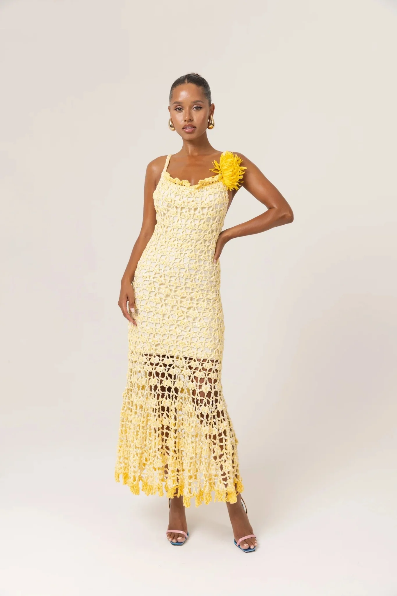 Butter Yellow Chrysanthemum Midi Handmade Crochet Dress - Image 12
