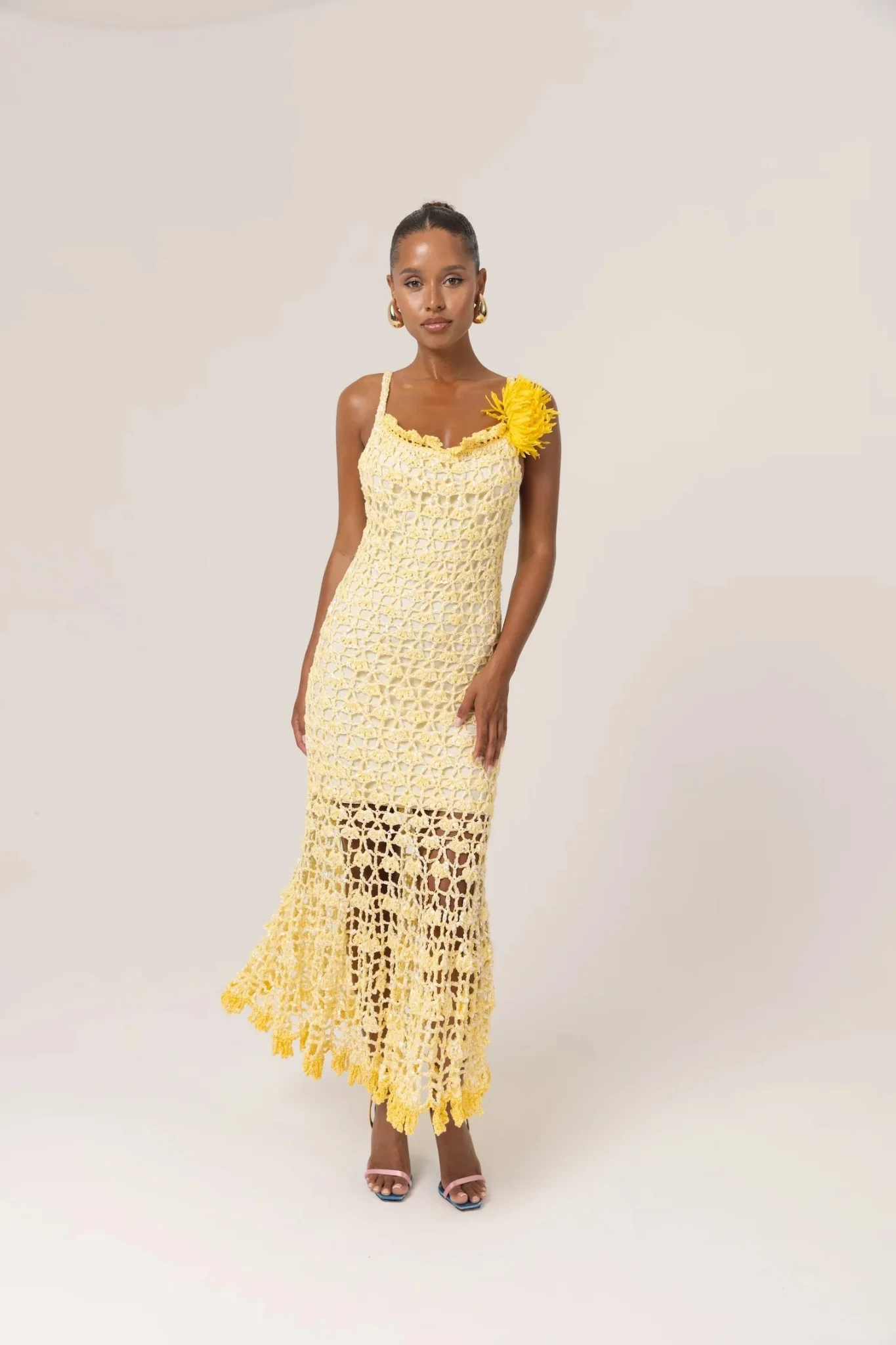 Butter Yellow Chrysanthemum Midi Handmade Crochet Dress - Image 2