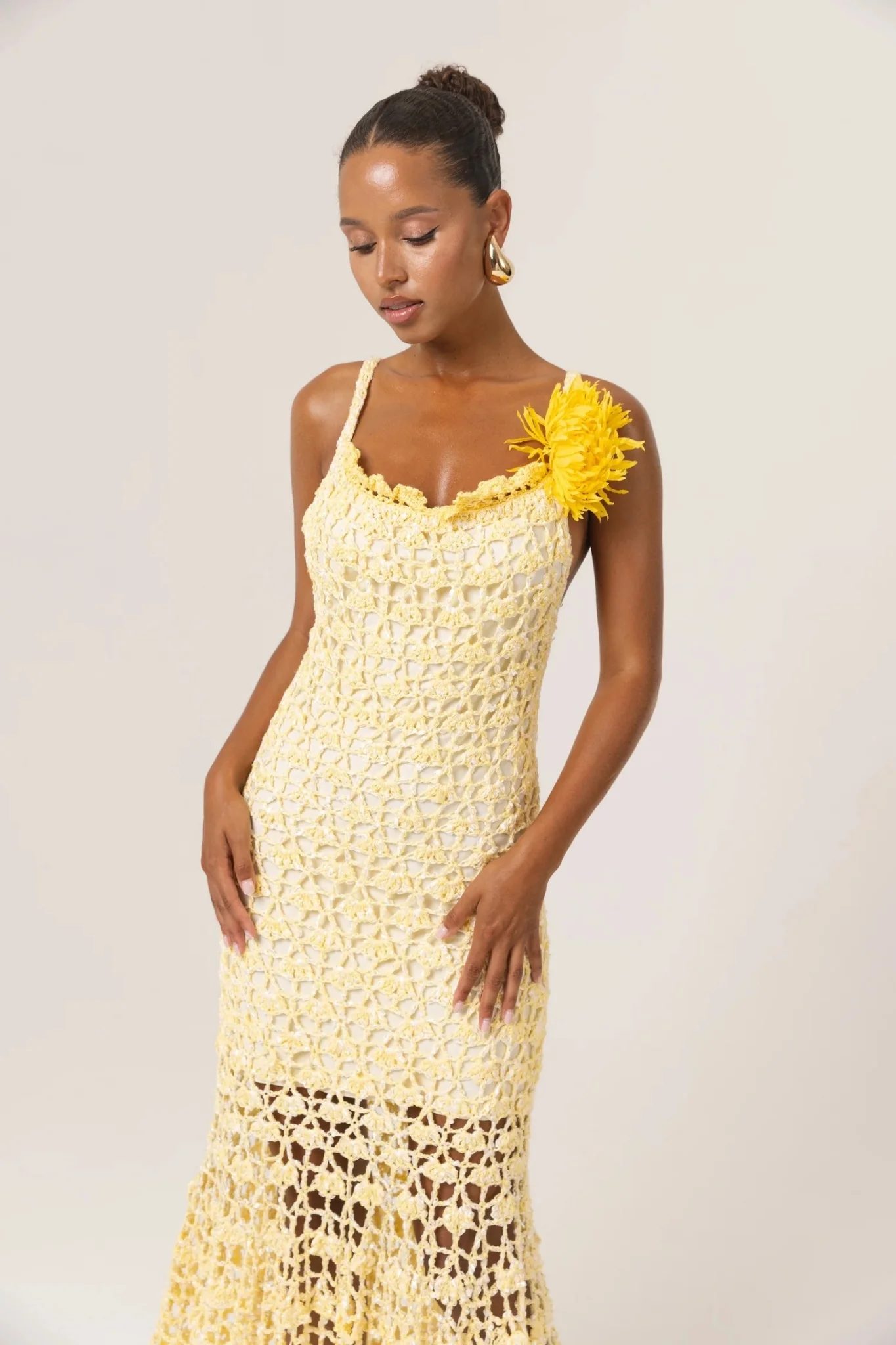 Butter Yellow Chrysanthemum Midi Handmade Crochet Dress - Image 3