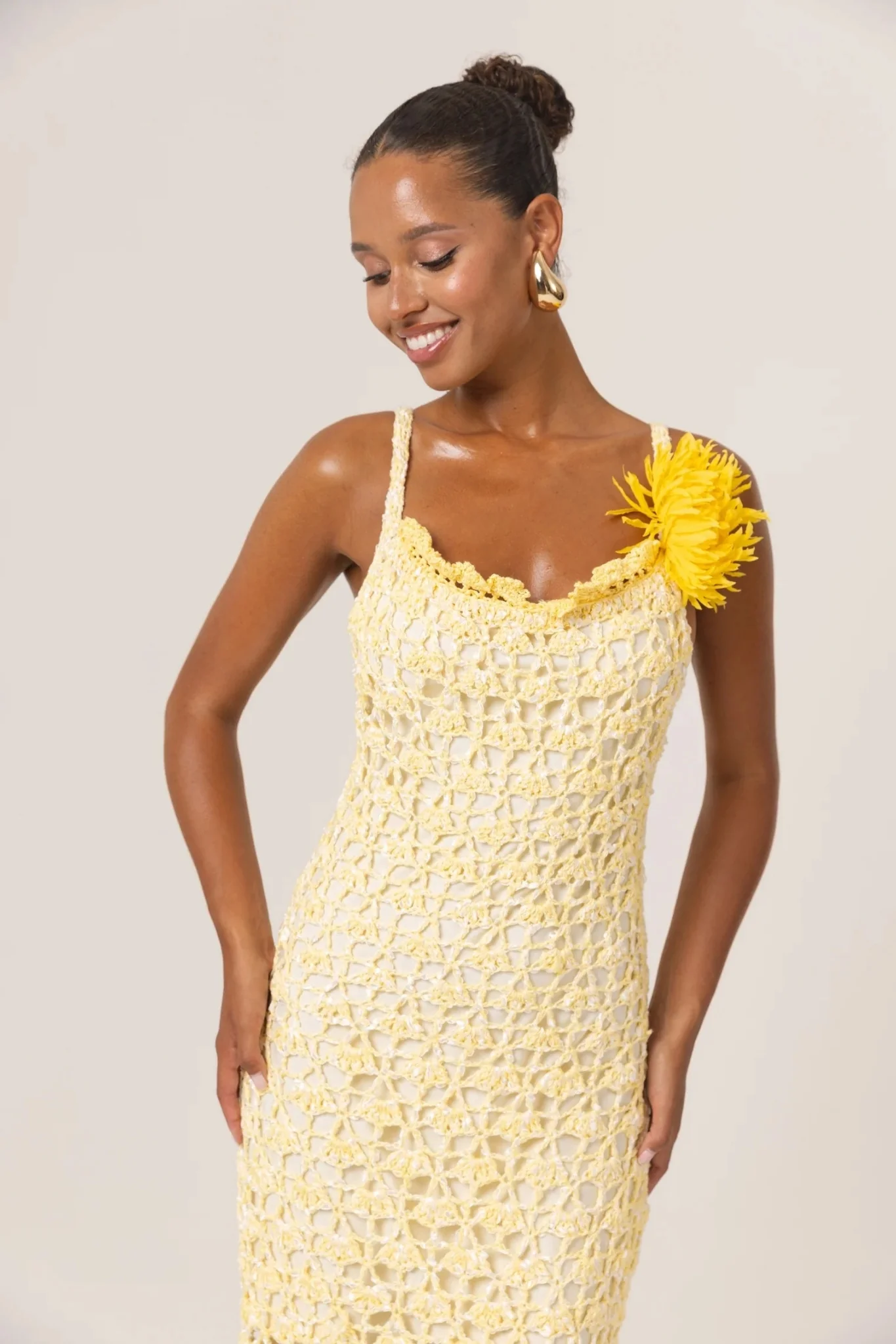 Butter Yellow Chrysanthemum Midi Handmade Crochet Dress - Image 5