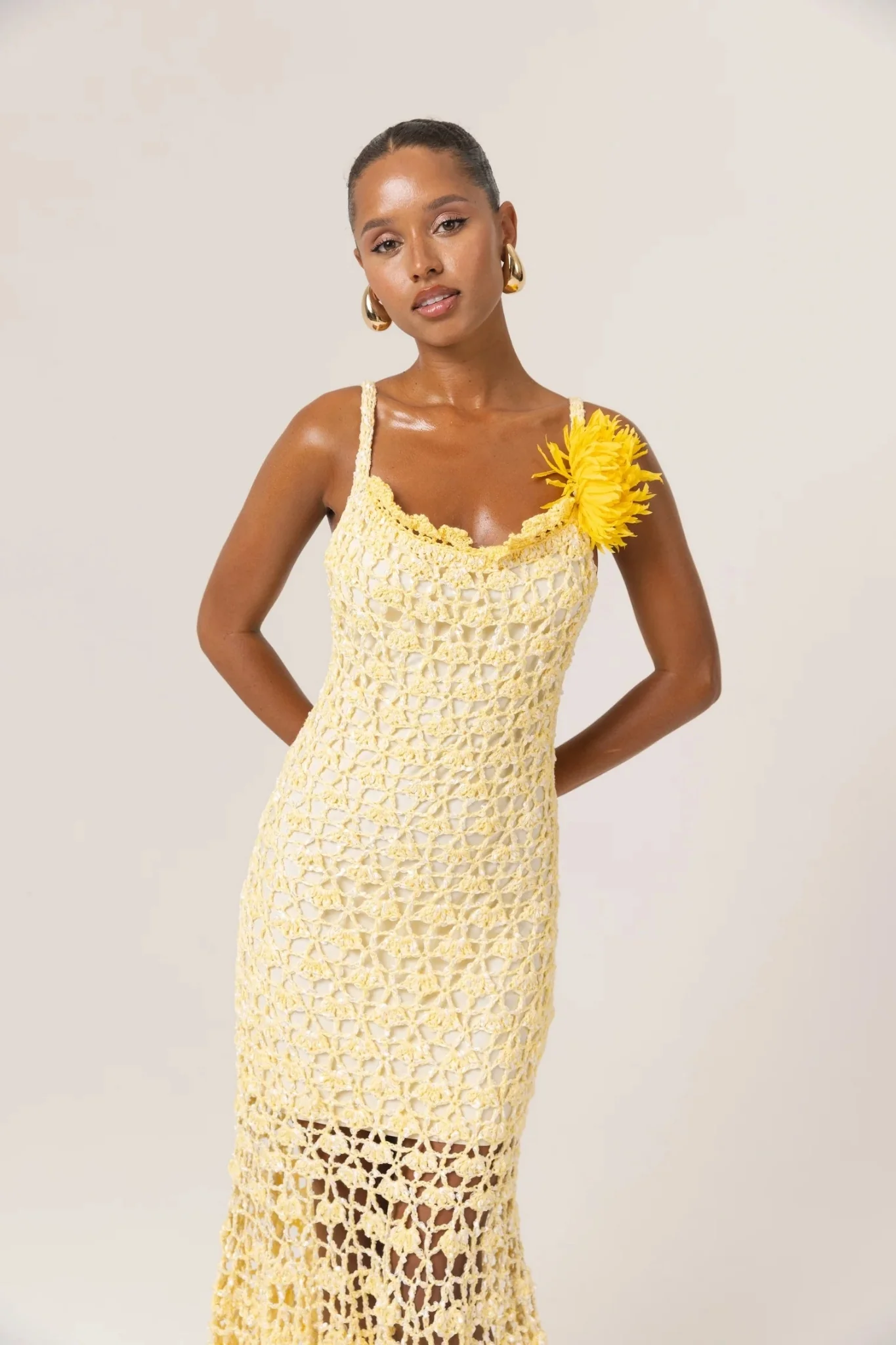 Butter Yellow Chrysanthemum Midi Handmade Crochet Dress - Image 6