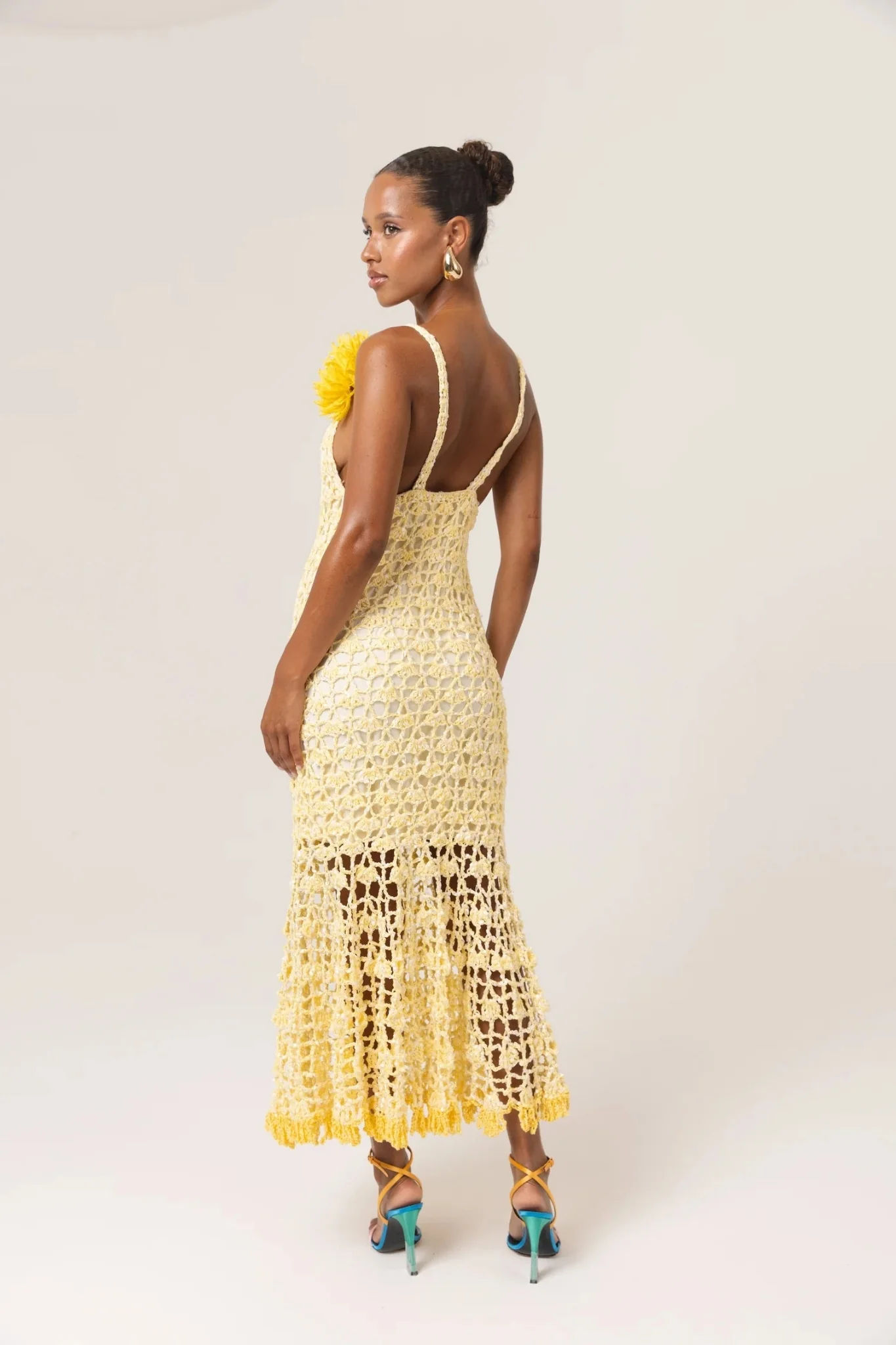 Butter Yellow Chrysanthemum Midi Handmade Crochet Dress - Image 7