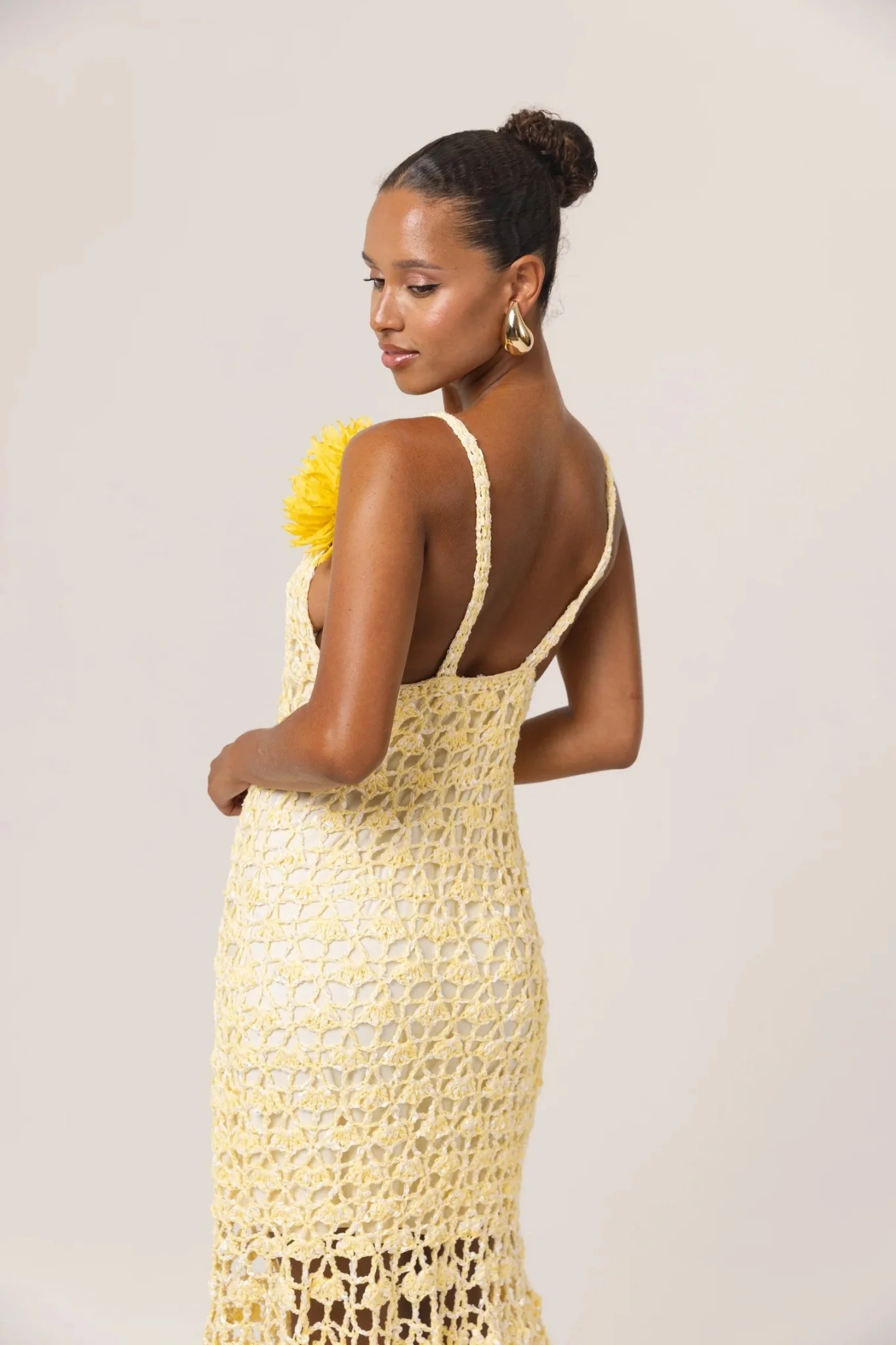 Butter Yellow Chrysanthemum Midi Handmade Crochet Dress - Image 8