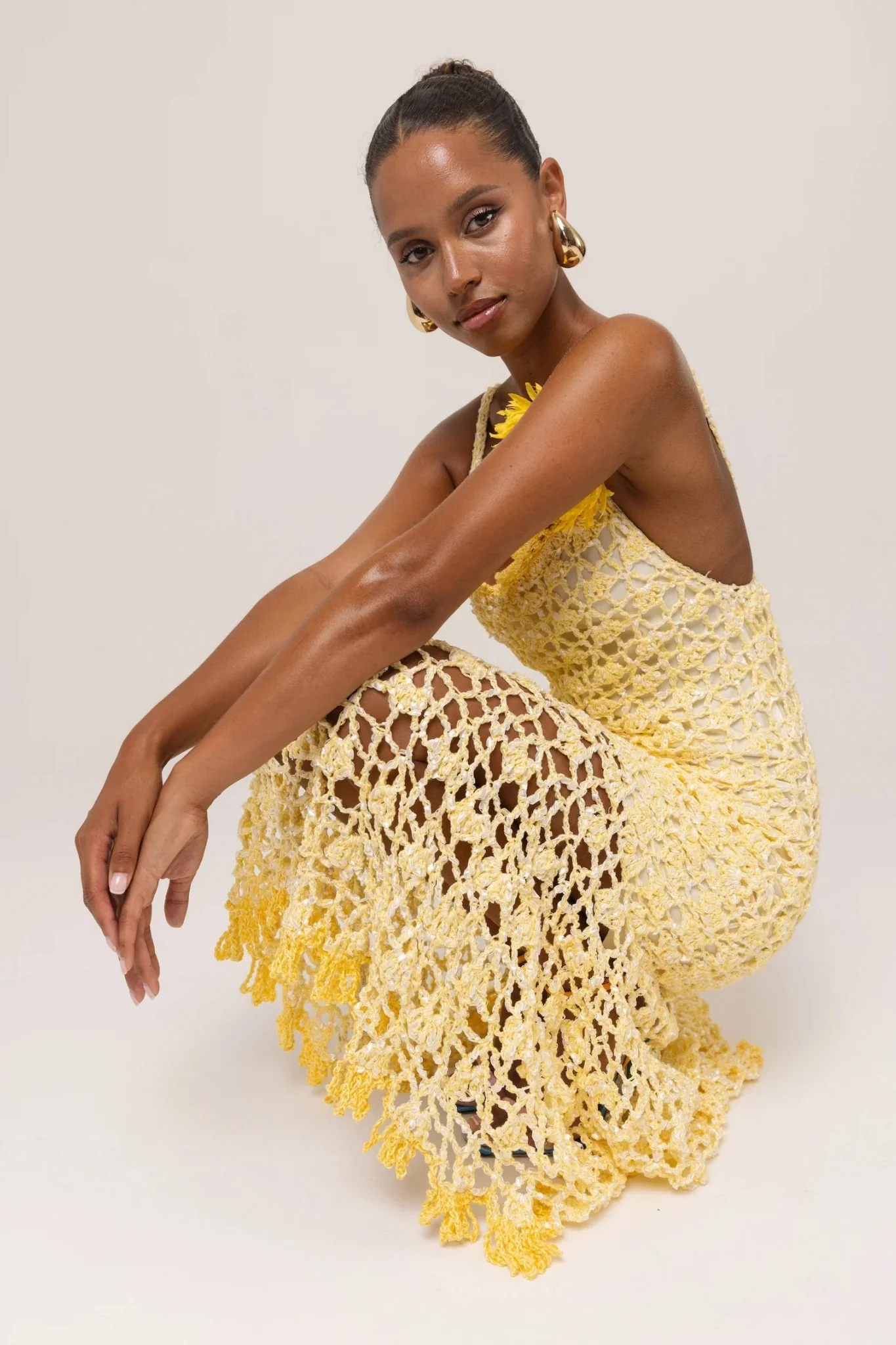 Butter Yellow Chrysanthemum Midi Handmade Crochet Dress - Image 9