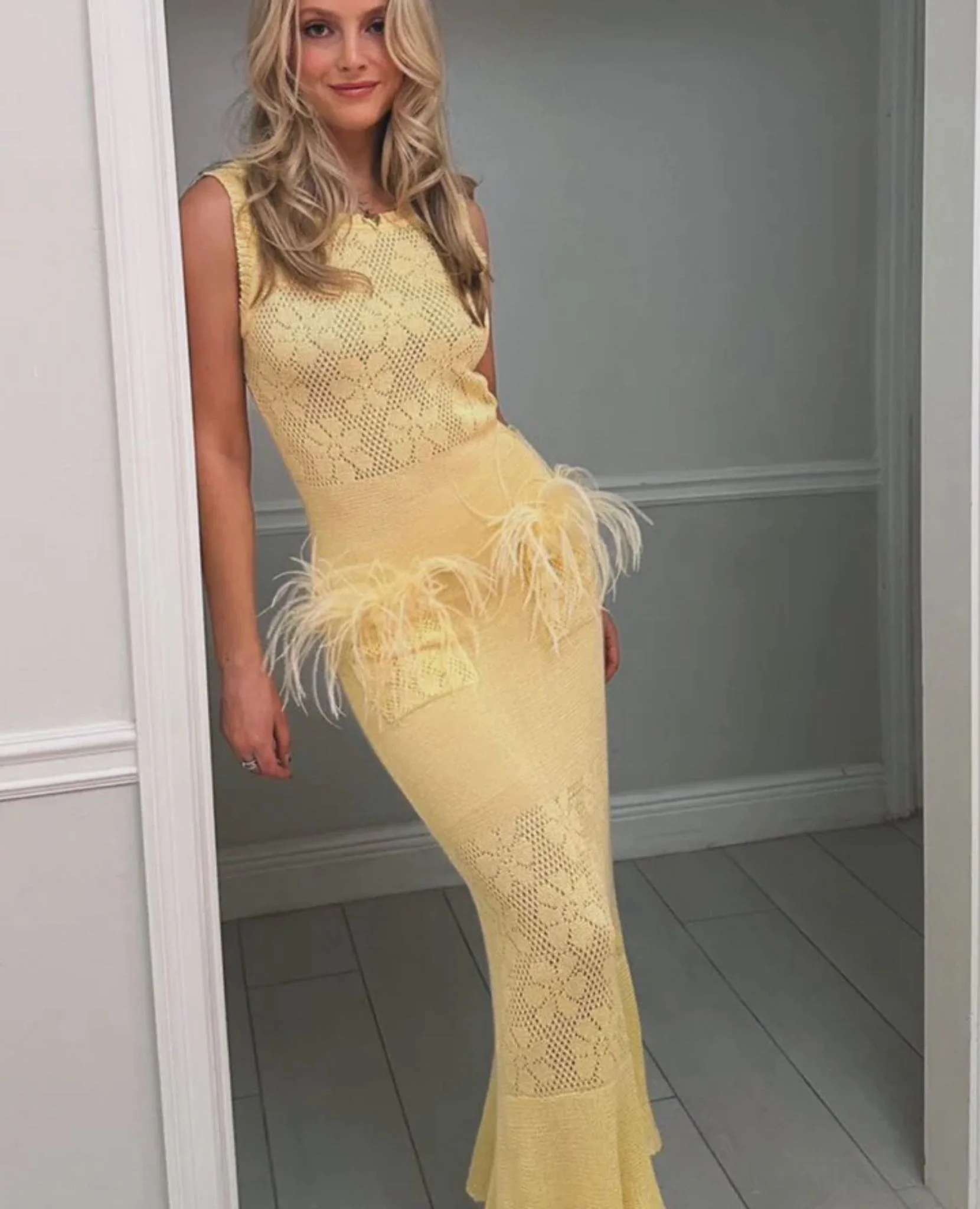 Butter Yellow Knit Dress With Feathers - Image 3