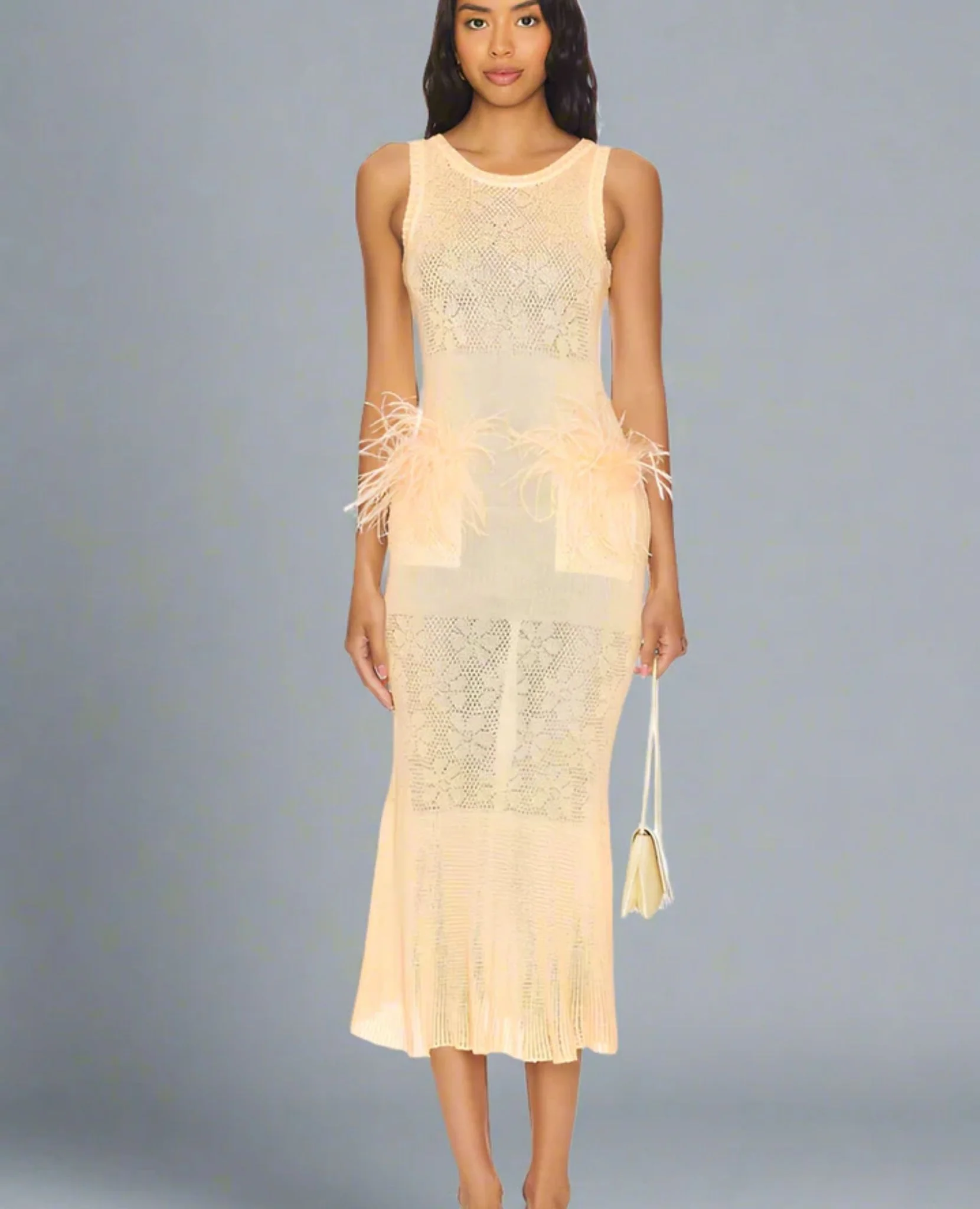 Butter Yellow Knit Dress With Feathers - Image 4