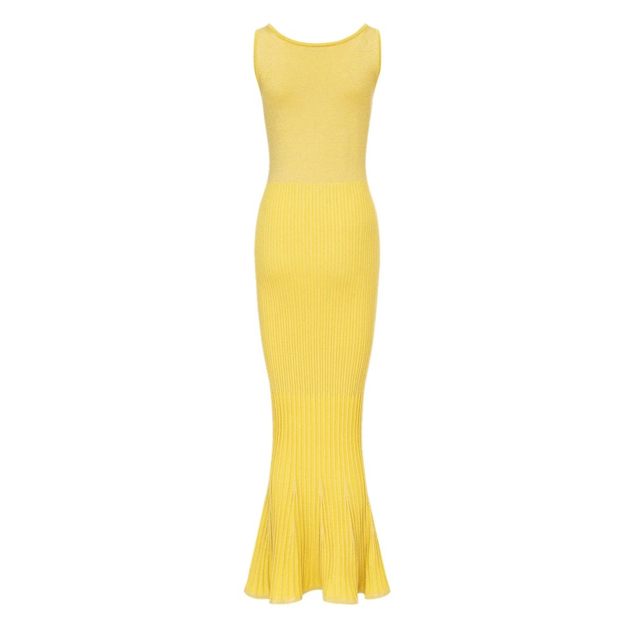 Butter Yellow Metallic Knit Dress with Flared Hem - Image 10