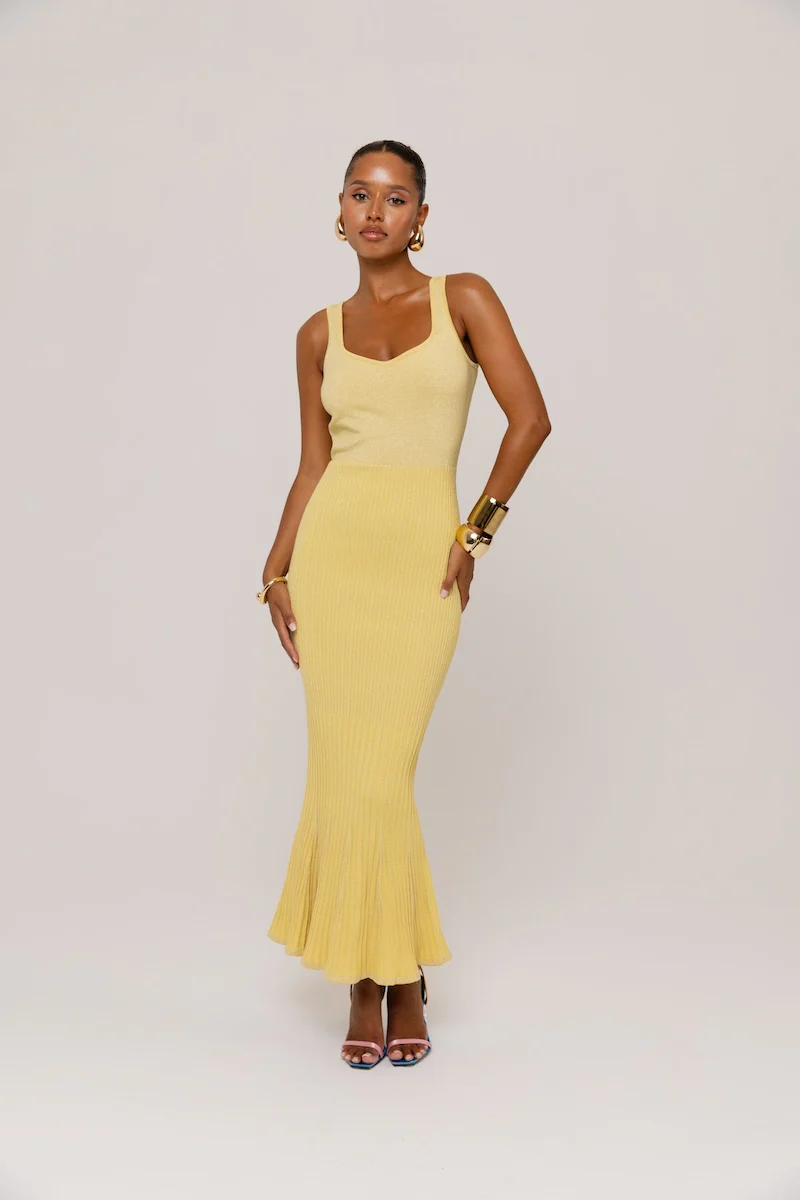 Butter Yellow Metallic Knit Dress with Flared Hem - Image 2