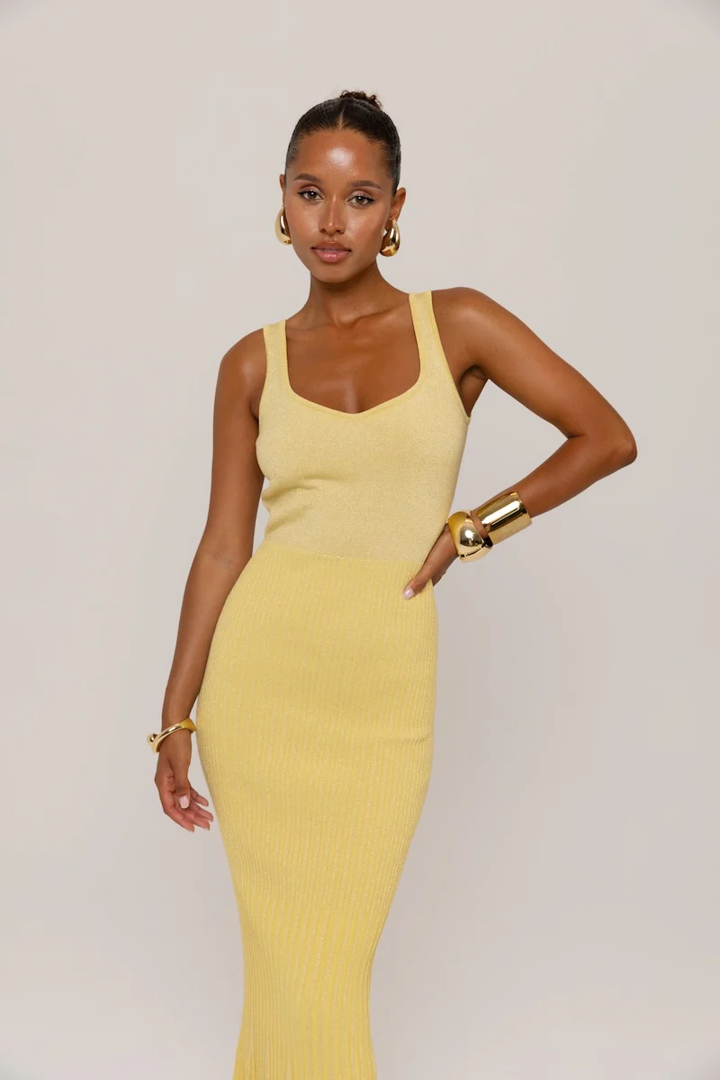 Butter Yellow Metallic Knit Dress with Flared Hem - Image 3