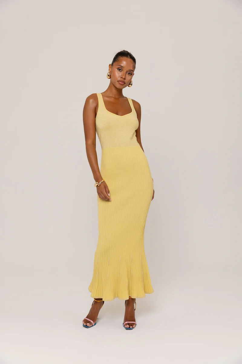 Butter Yellow Metallic Knit Dress with Flared Hem - Image 4