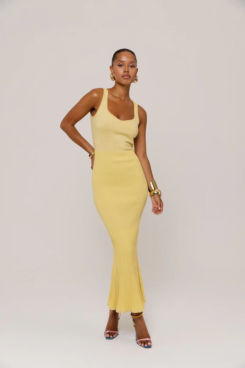 Butter Yellow Metallic Knit Dress with Flared Hem - Image 5