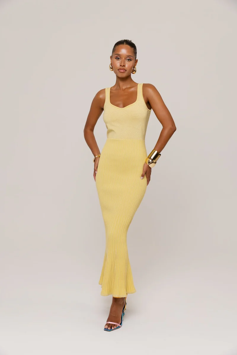 Butter Yellow Metallic Knit Dress with Flared Hem - Image 6
