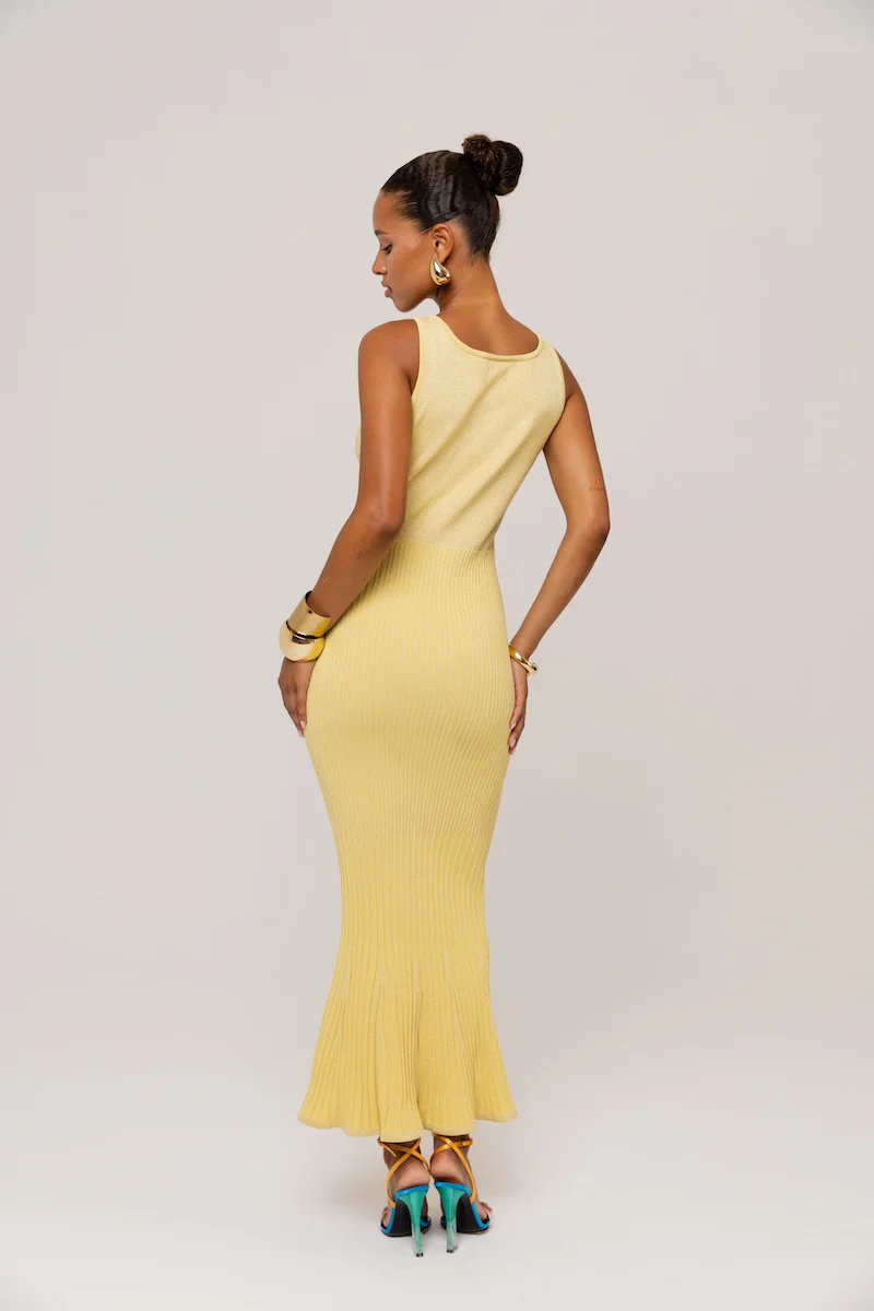 Butter Yellow Metallic Knit Dress with Flared Hem - Image 8