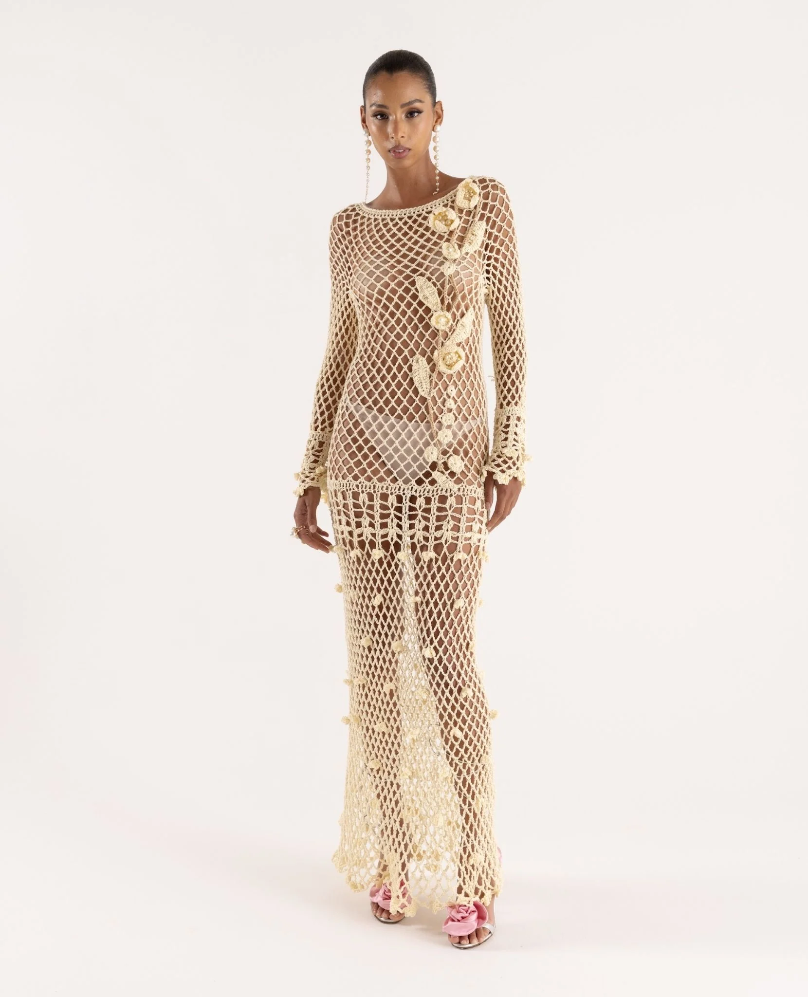 Long Sleeve Butter Yellow Vanilla Handmade Crochet Dress - Image 4