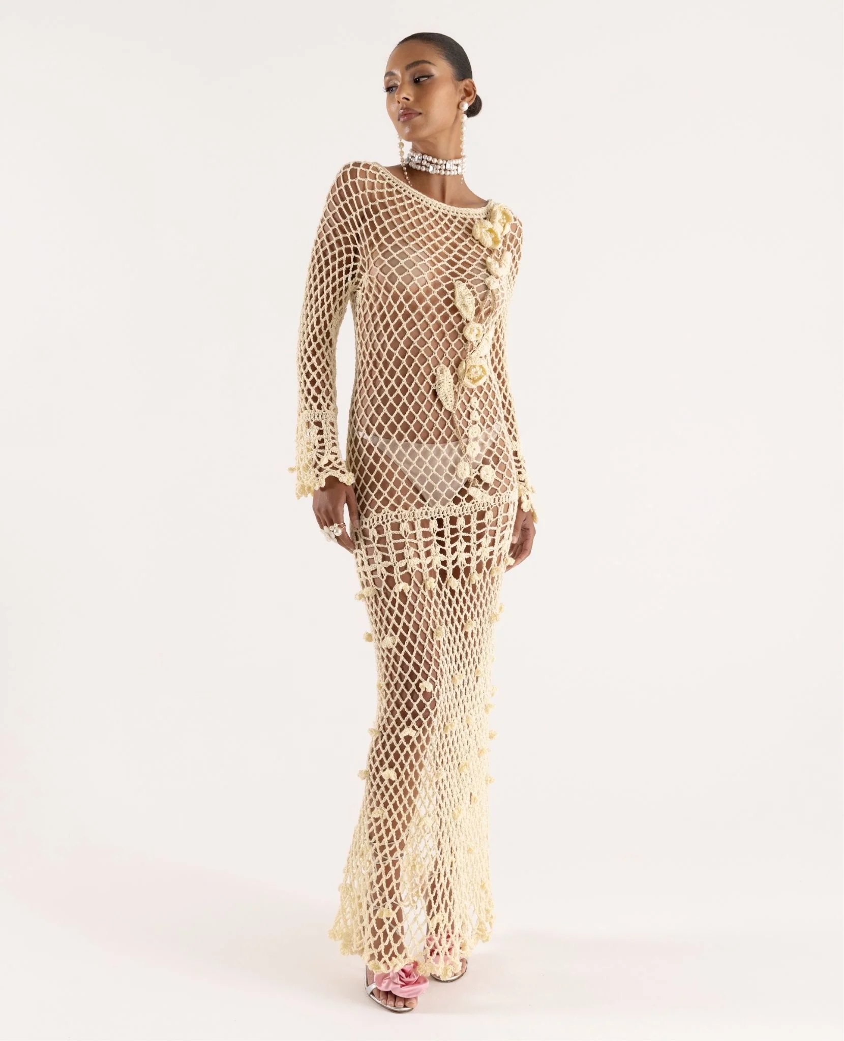 Long Sleeve Butter Yellow Vanilla Handmade Crochet Dress - Image 5