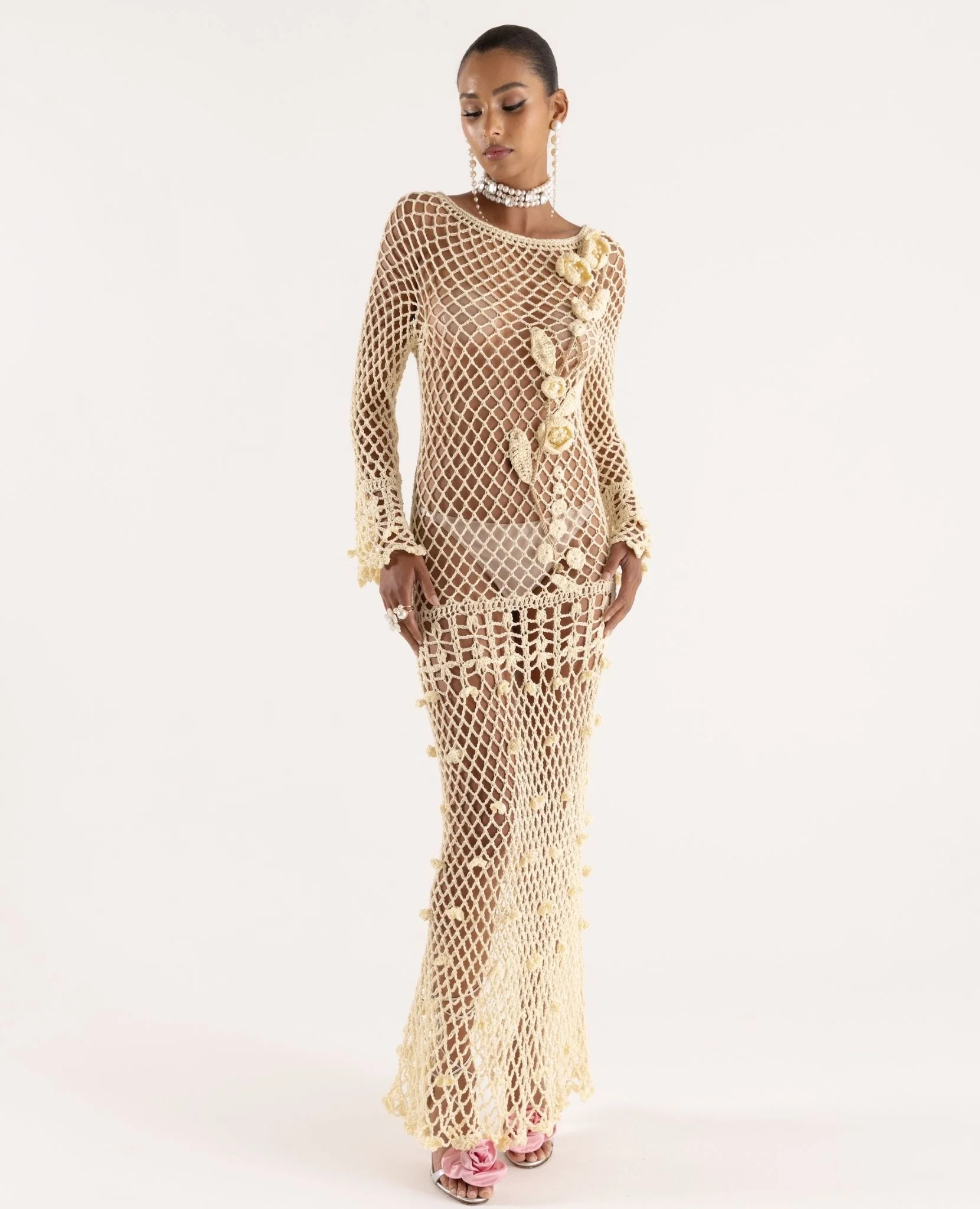 Long Sleeve Butter Yellow Vanilla Handmade Crochet Dress - Image 6