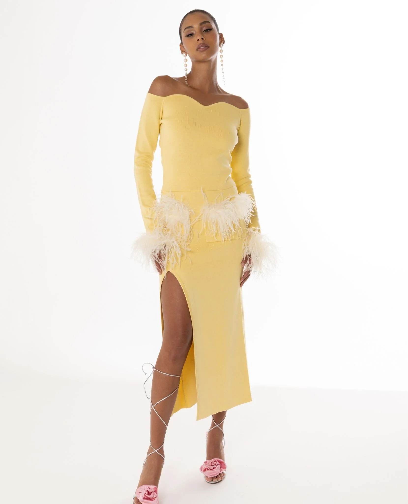Butter Yellow Vanilla Knit Skirt With Feathers - Image 3