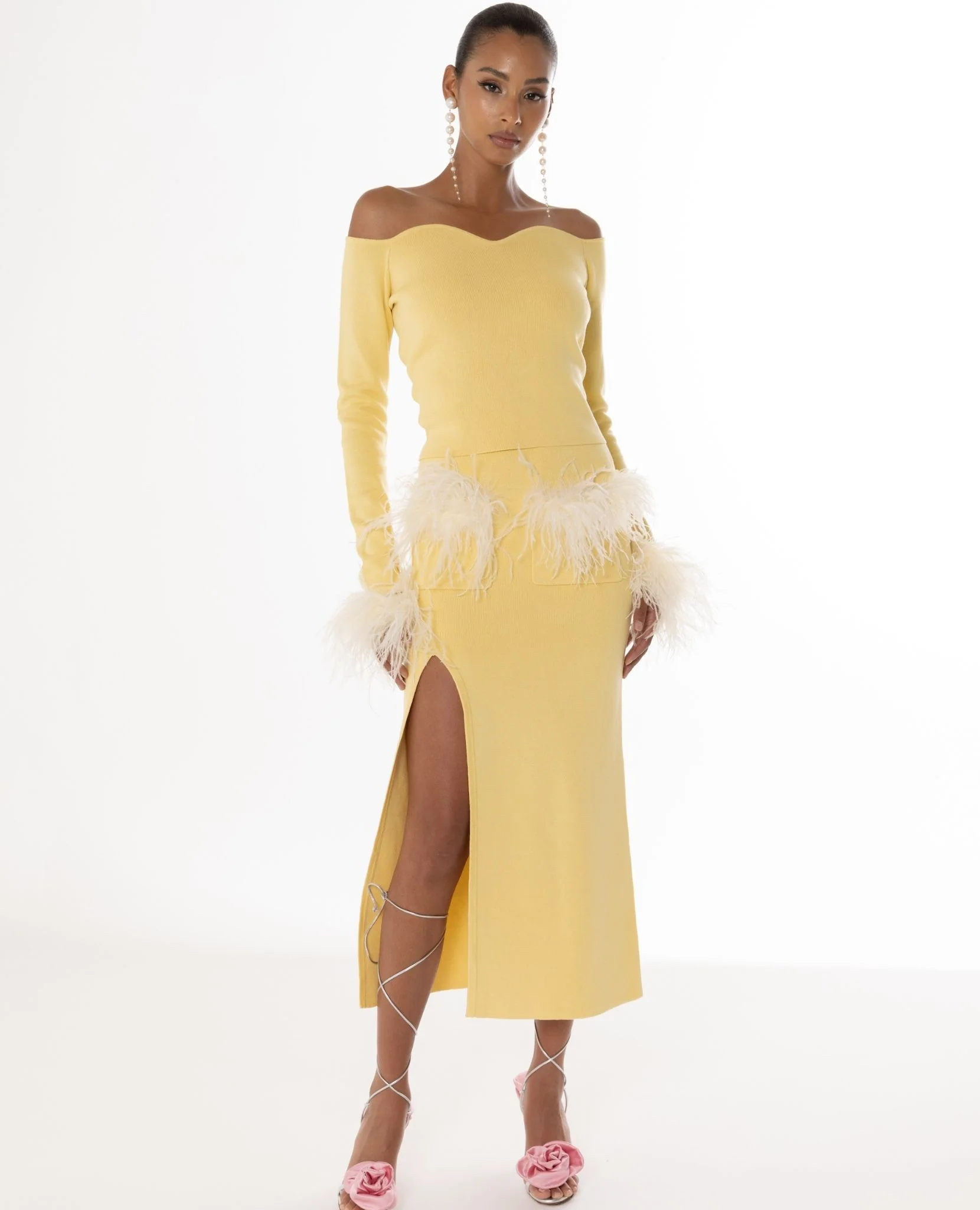 Butter Yellow Vanilla Knit Skirt With Feathers - Image 4