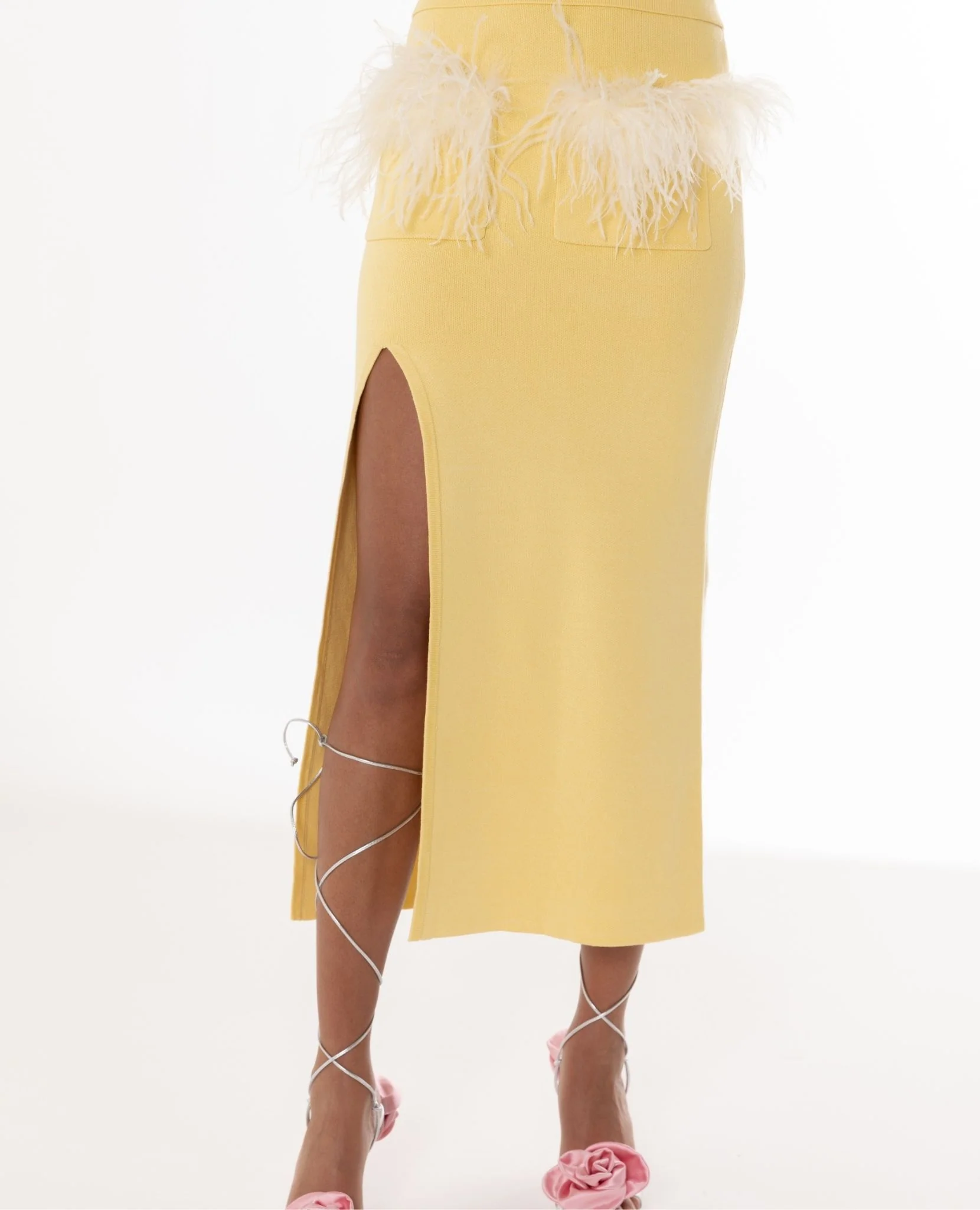 Butter Yellow Vanilla Knit Skirt With Feathers - Image 5