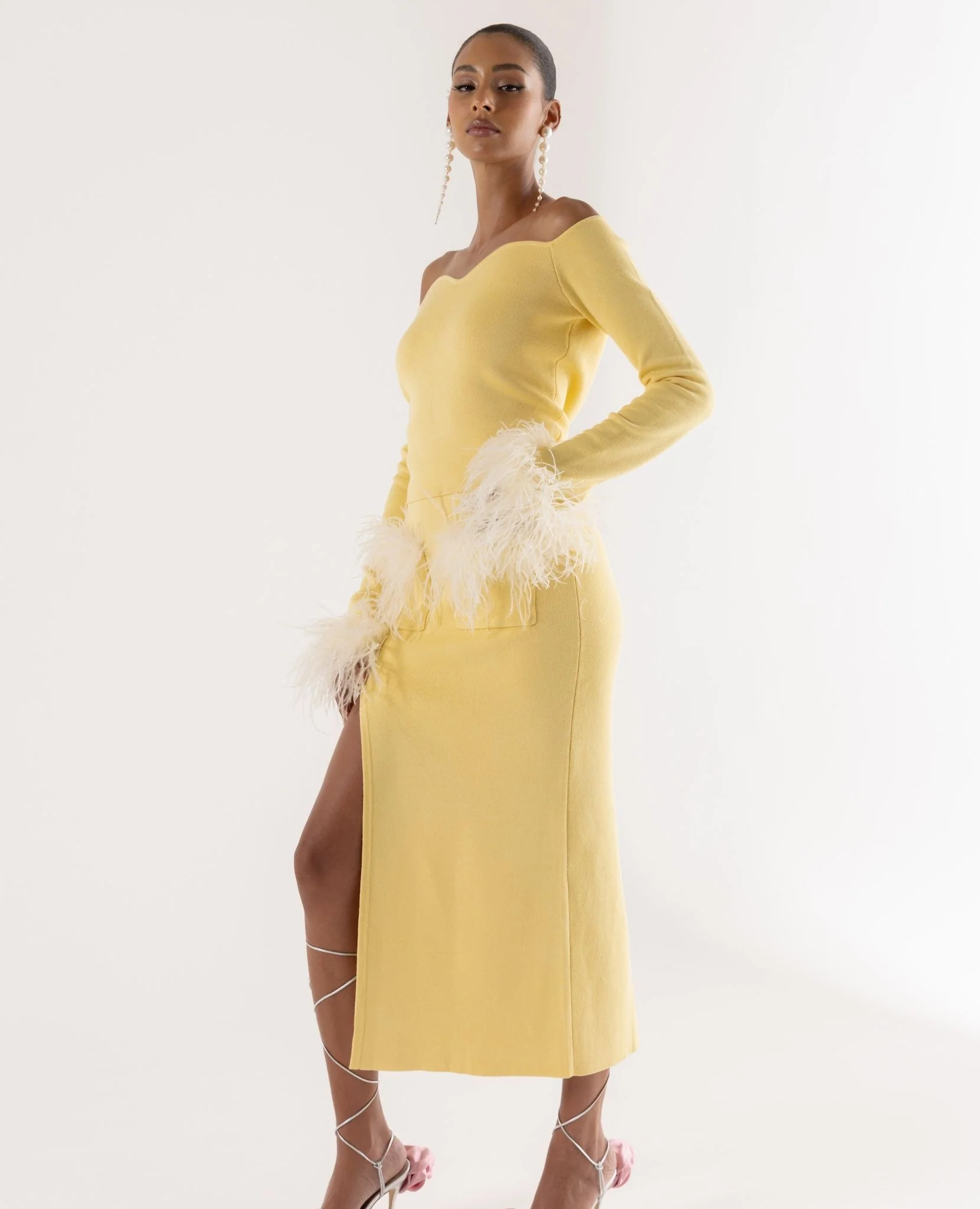 Butter Yellow Vanilla Knit Skirt With Feathers - Image 6