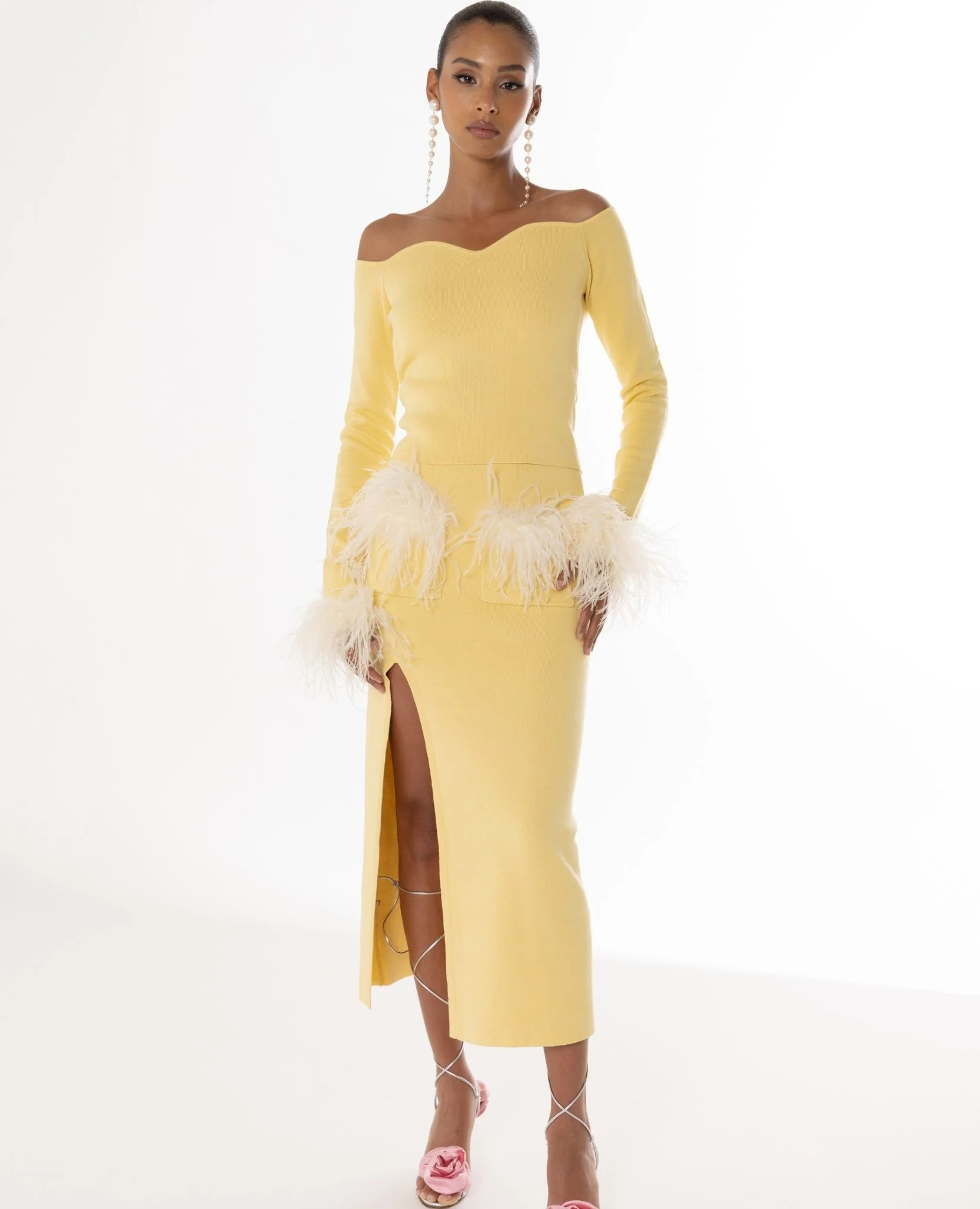 Butter Yellow Vanilla Knit Skirt With Feathers - Image 8