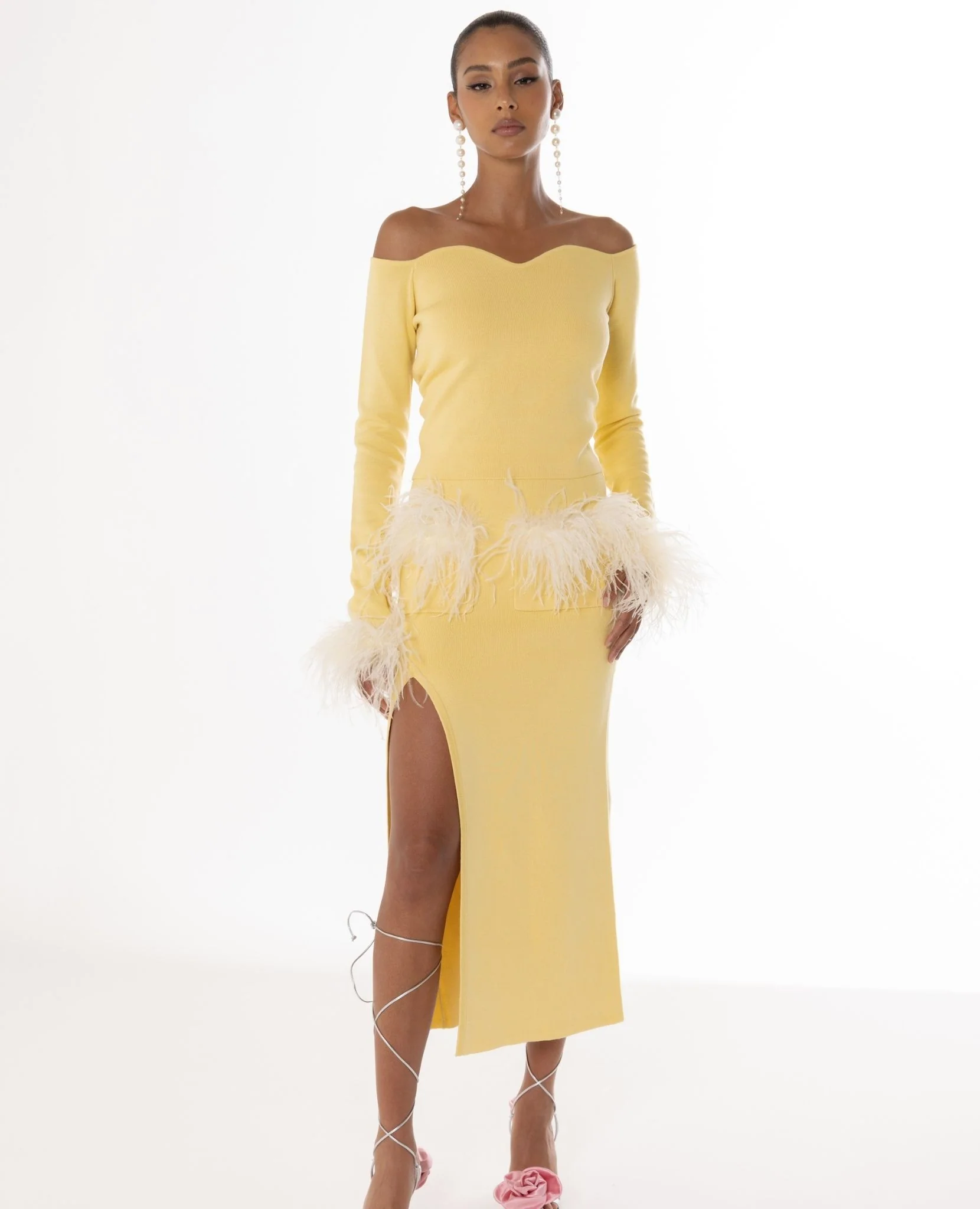 Butter Yellow Vanilla Knit Top With Detachable Feathers Cuffs - Image 6