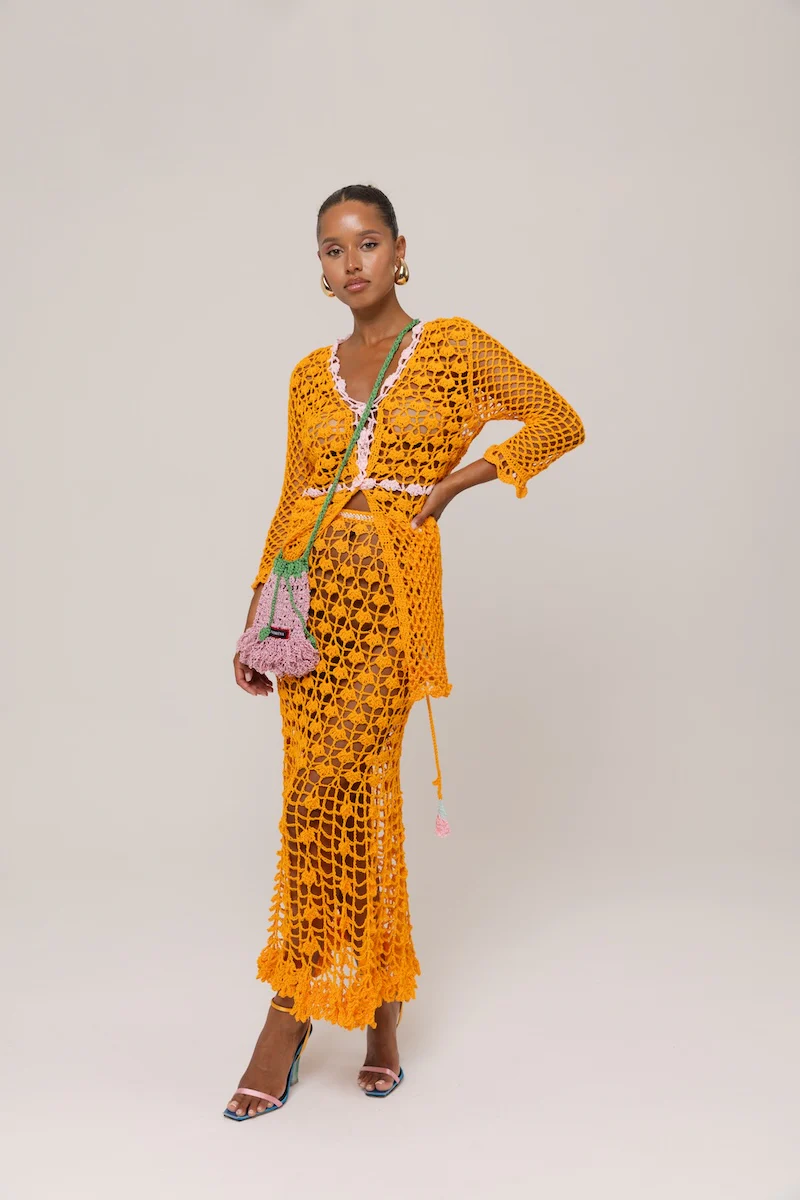 California Poppy Orange Handmade Crochet Midi Skirt - Image 3