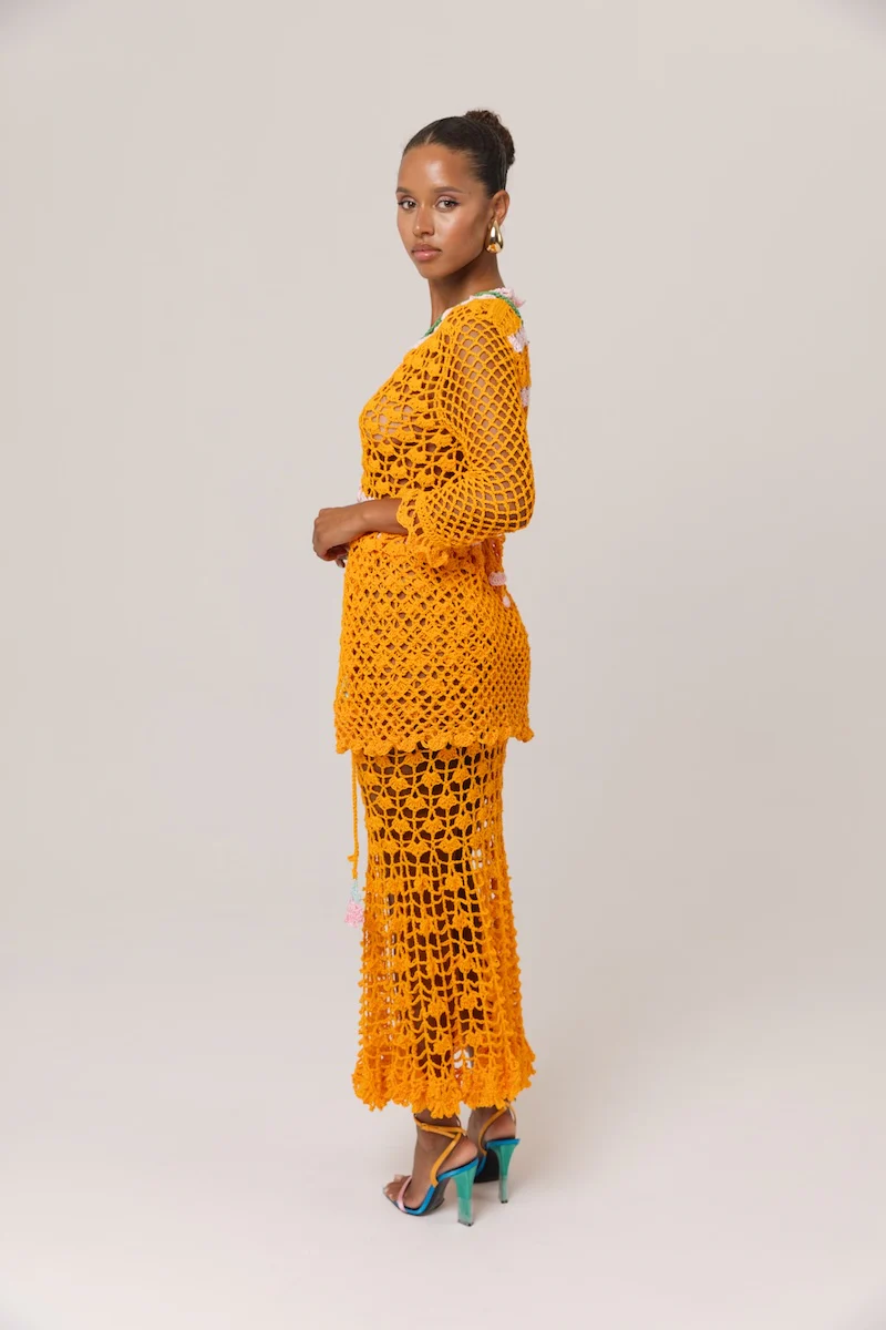 California Poppy Orange Handmade Crochet Midi Skirt - Image 6