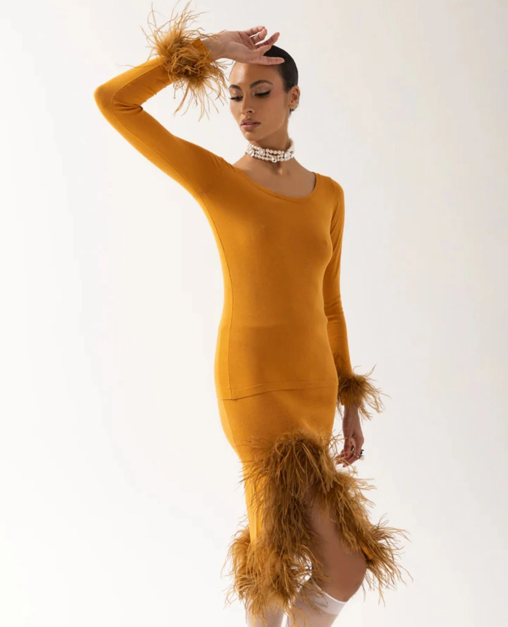 Camel Knit Top With Detachable Feather Cuffs - Image 3