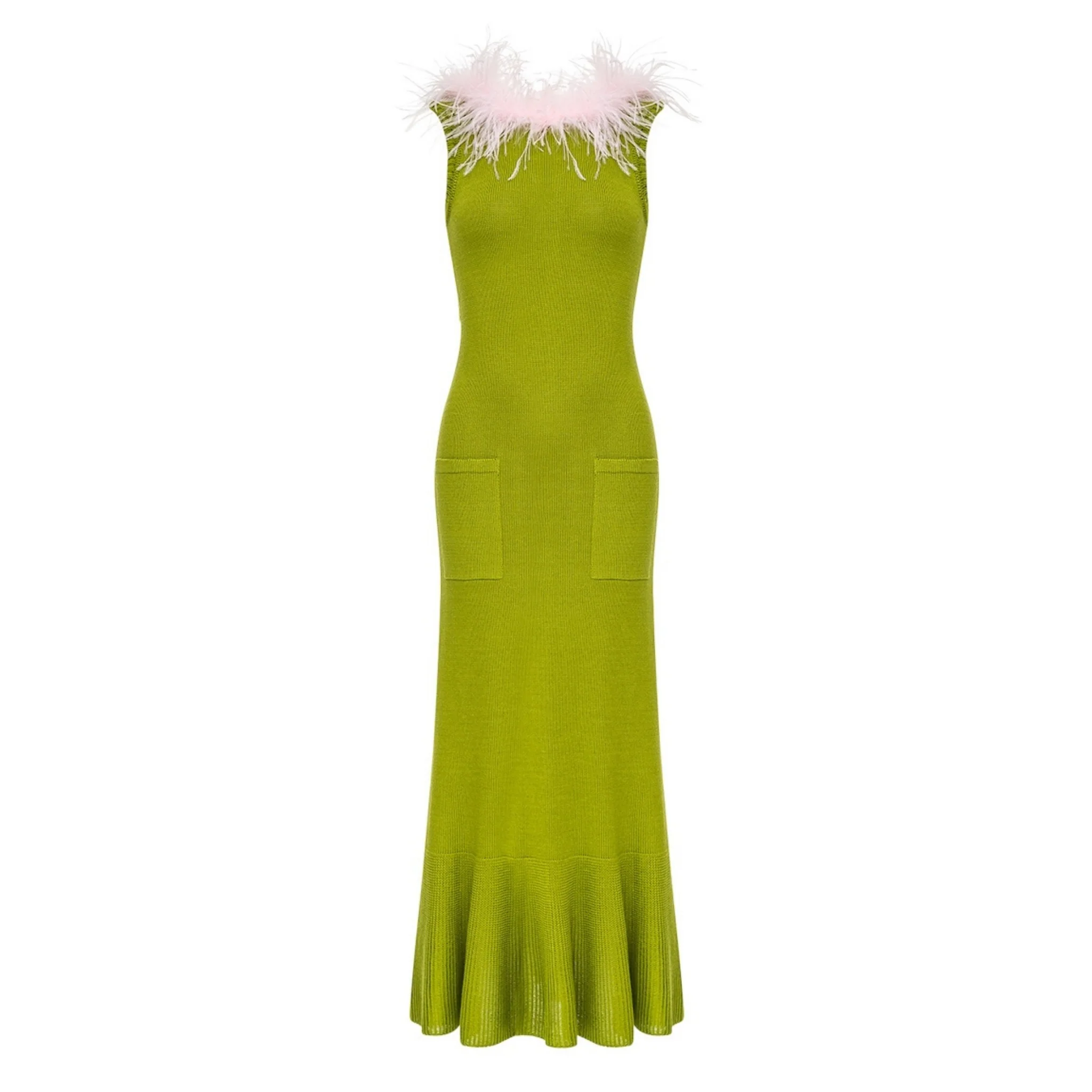 Chrysanthemum Green Knit Dress with Pink Ostrich Feathers