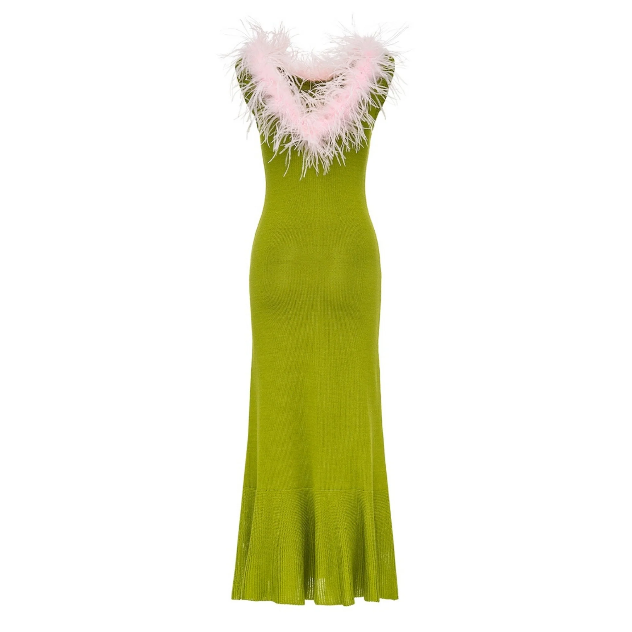 Chrysanthemum Green Knit Dress with Pink Ostrich Feathers - Image 2