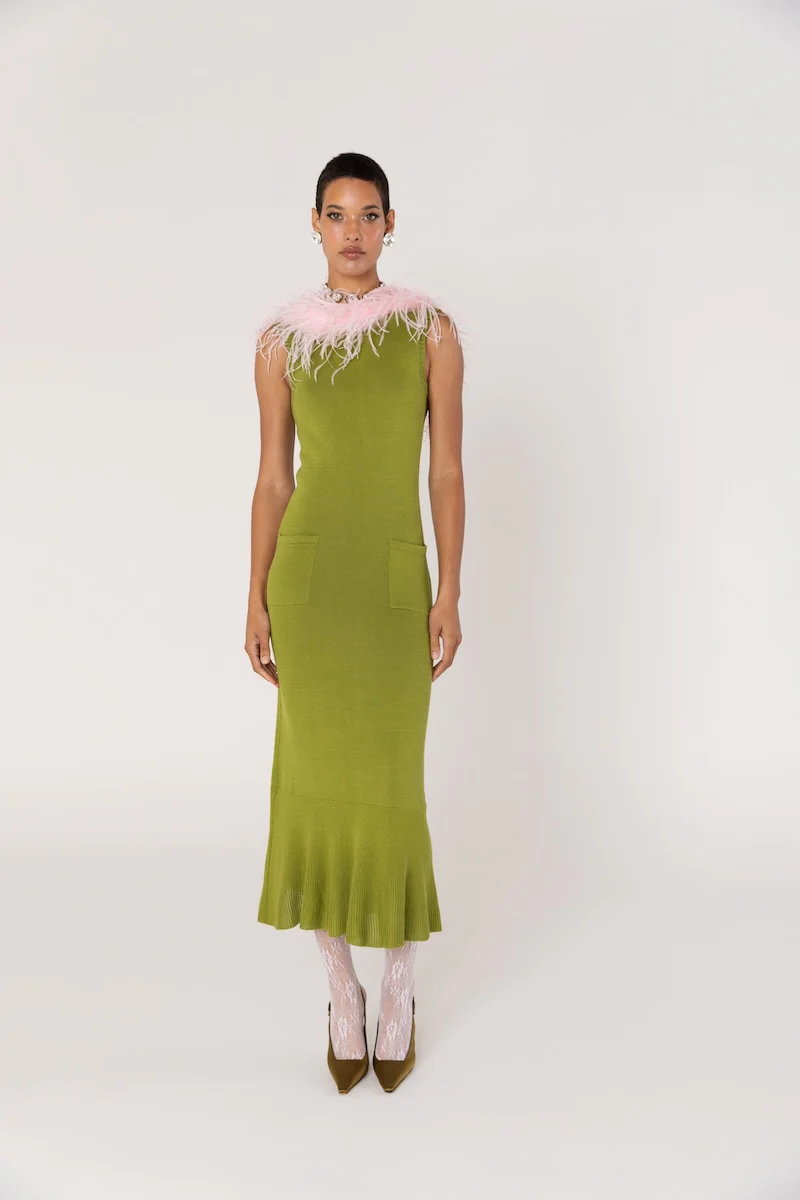 Chrysanthemum Green Knit Dress with Pink Ostrich Feathers - Image 3