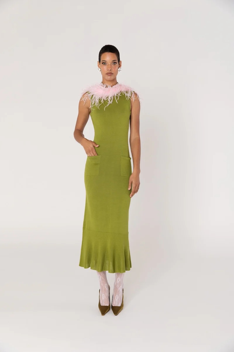 Chrysanthemum Green Knit Dress with Pink Ostrich Feathers - Image 4