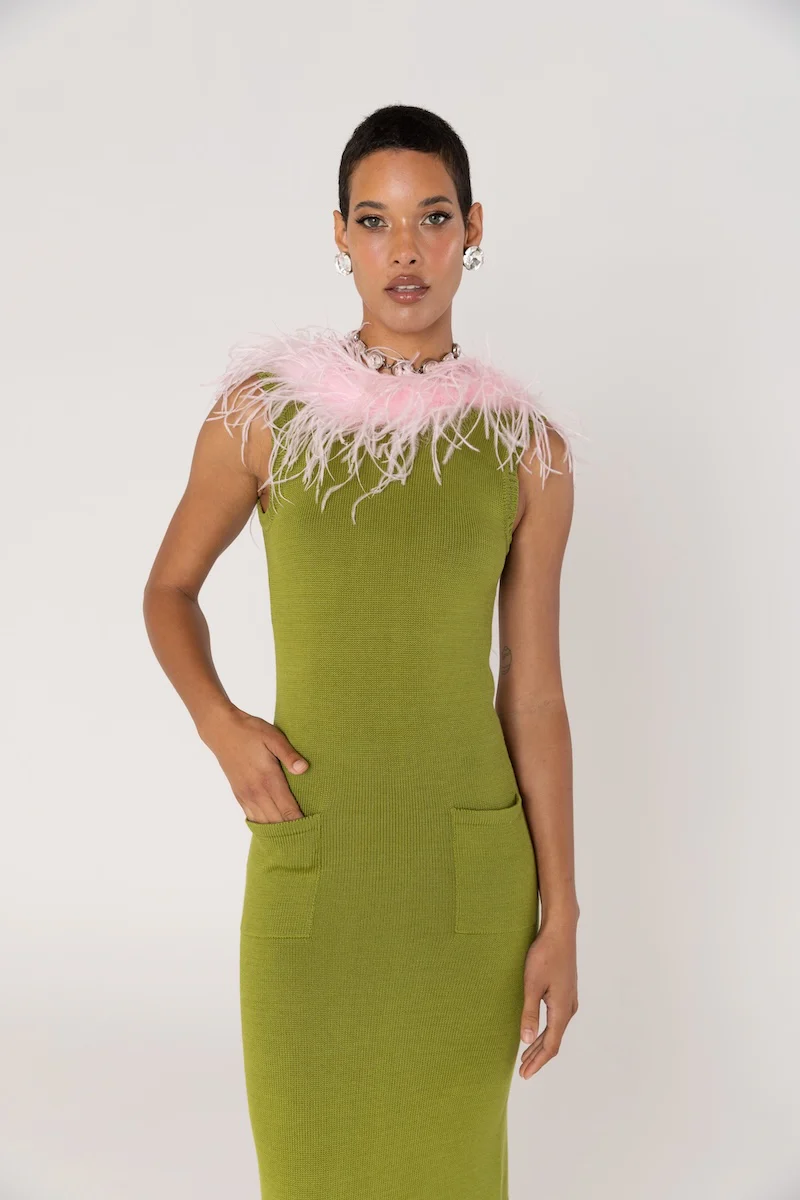 Chrysanthemum Green Knit Dress with Pink Ostrich Feathers - Image 5