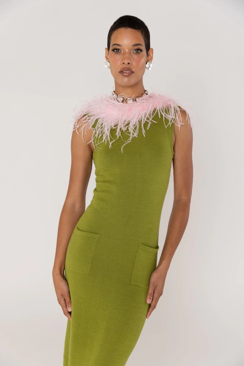 Chrysanthemum Green Knit Dress with Pink Ostrich Feathers - Image 6