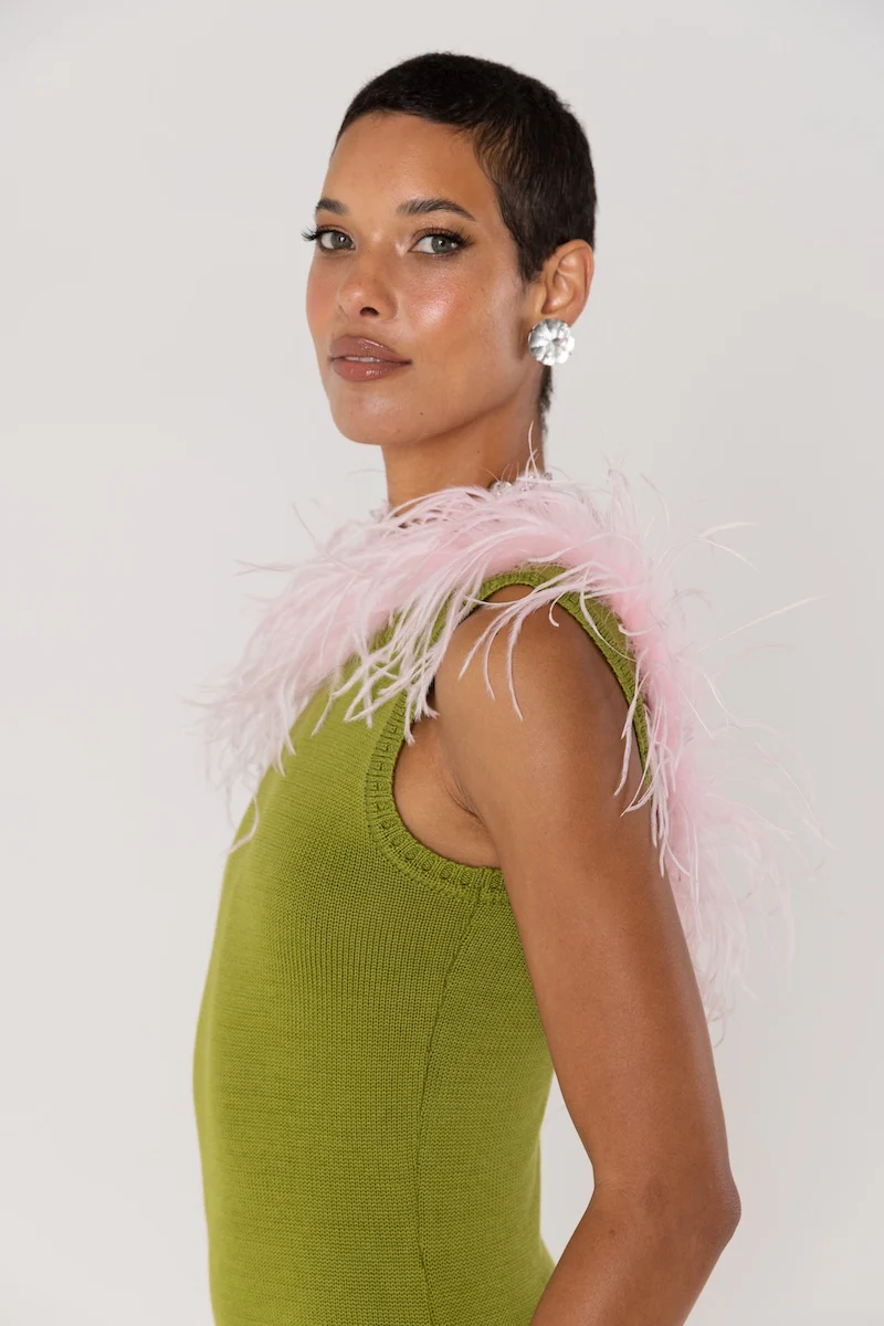 Chrysanthemum Green Knit Dress with Pink Ostrich Feathers - Image 7