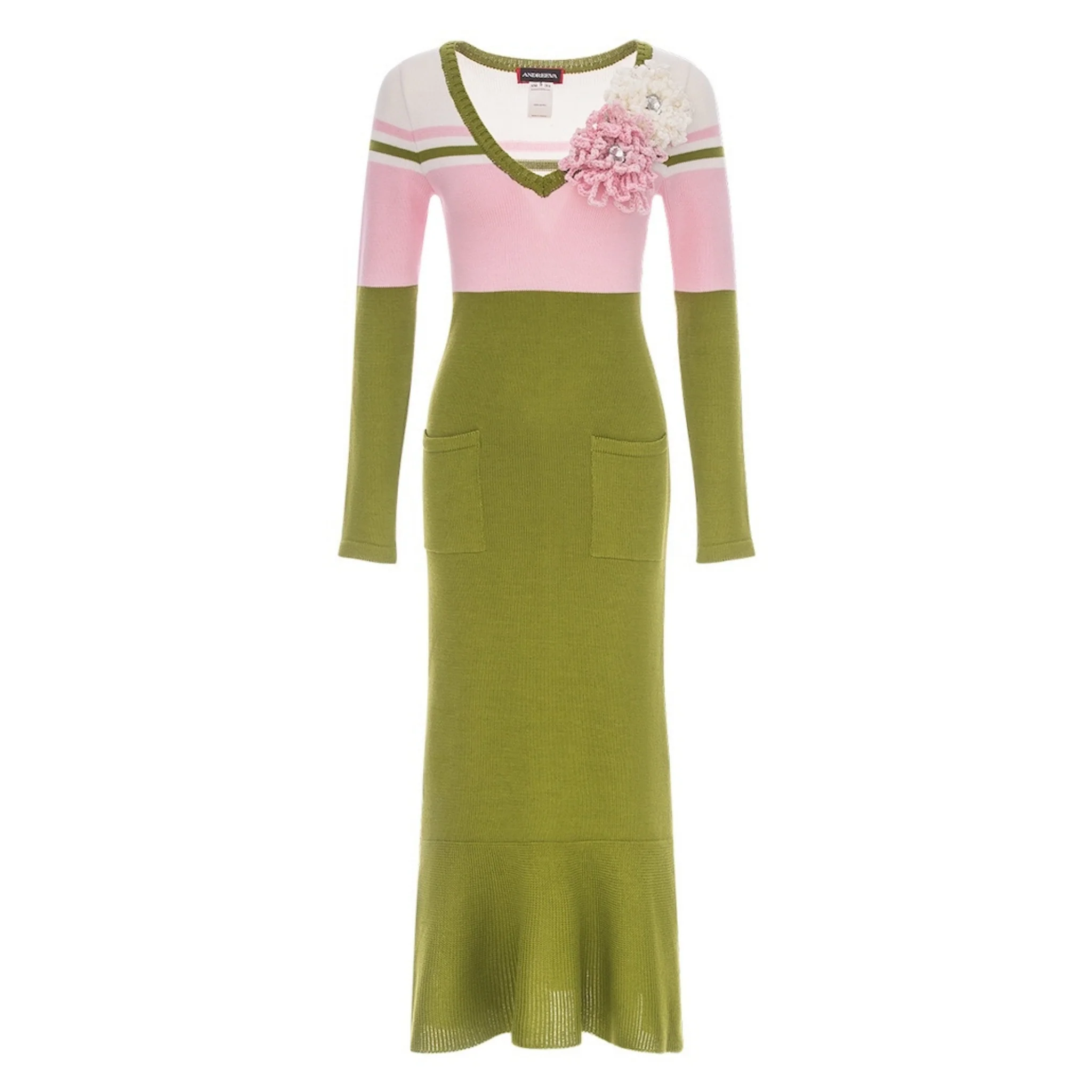 Chrysanthemum Green Knit Midi Dress with Swarovski Details