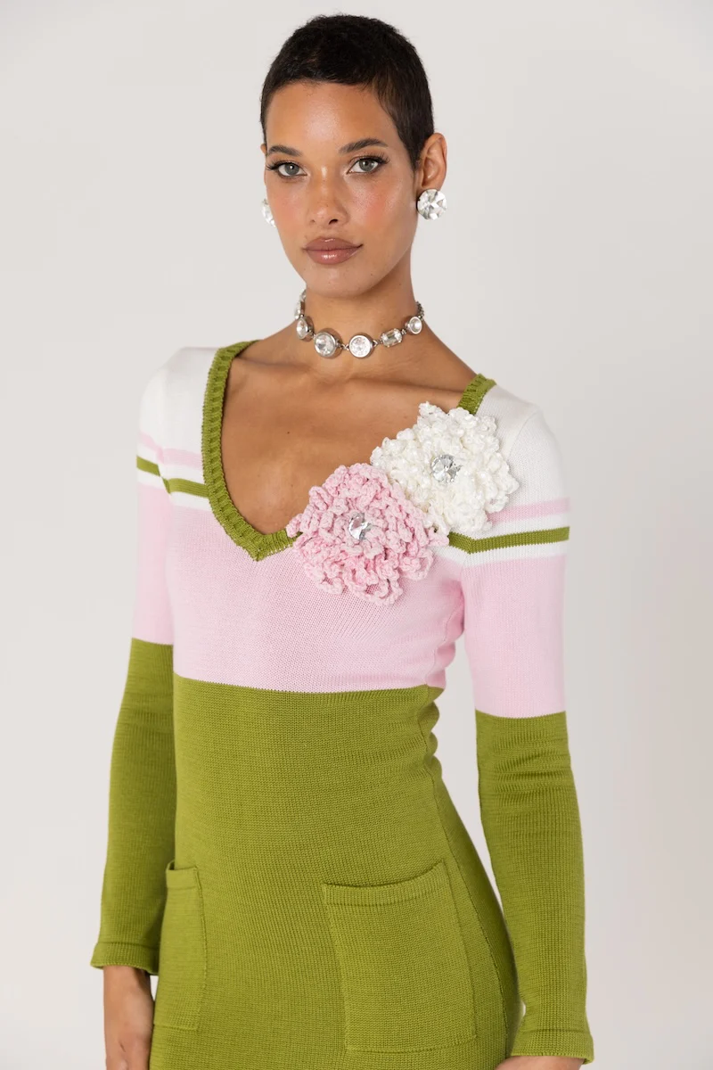 Chrysanthemum Green Knit Midi Dress with Swarovski Details - Image 10
