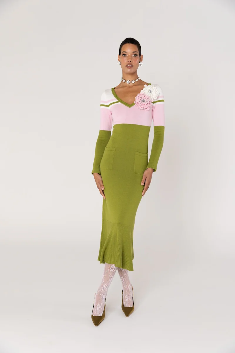 Chrysanthemum Green Knit Midi Dress with Swarovski Details - Image 3