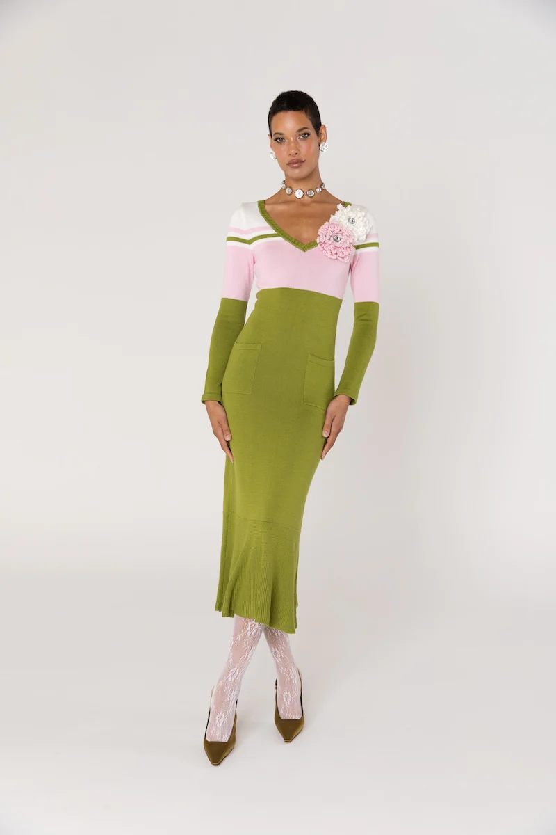 Chrysanthemum Green Knit Midi Dress with Swarovski Details - Image 4