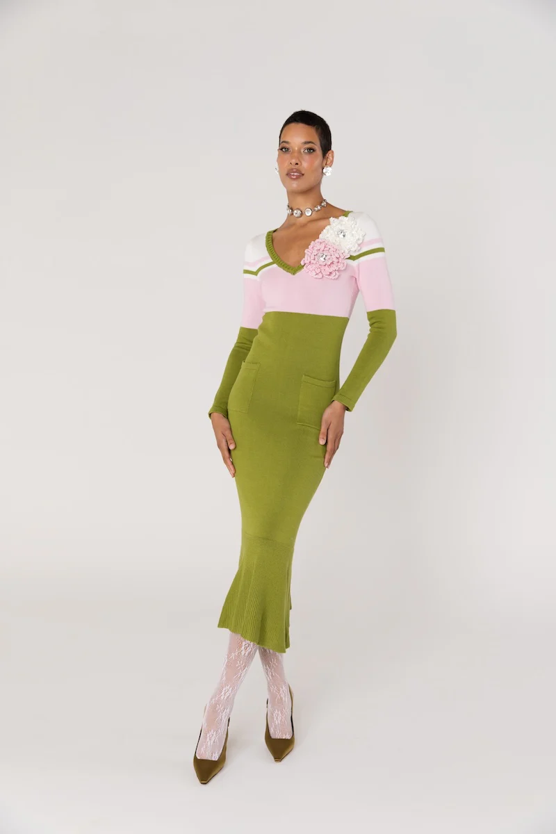 Chrysanthemum Green Knit Midi Dress with Swarovski Details - Image 5