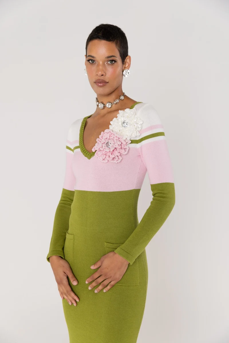 Chrysanthemum Green Knit Midi Dress with Swarovski Details - Image 6