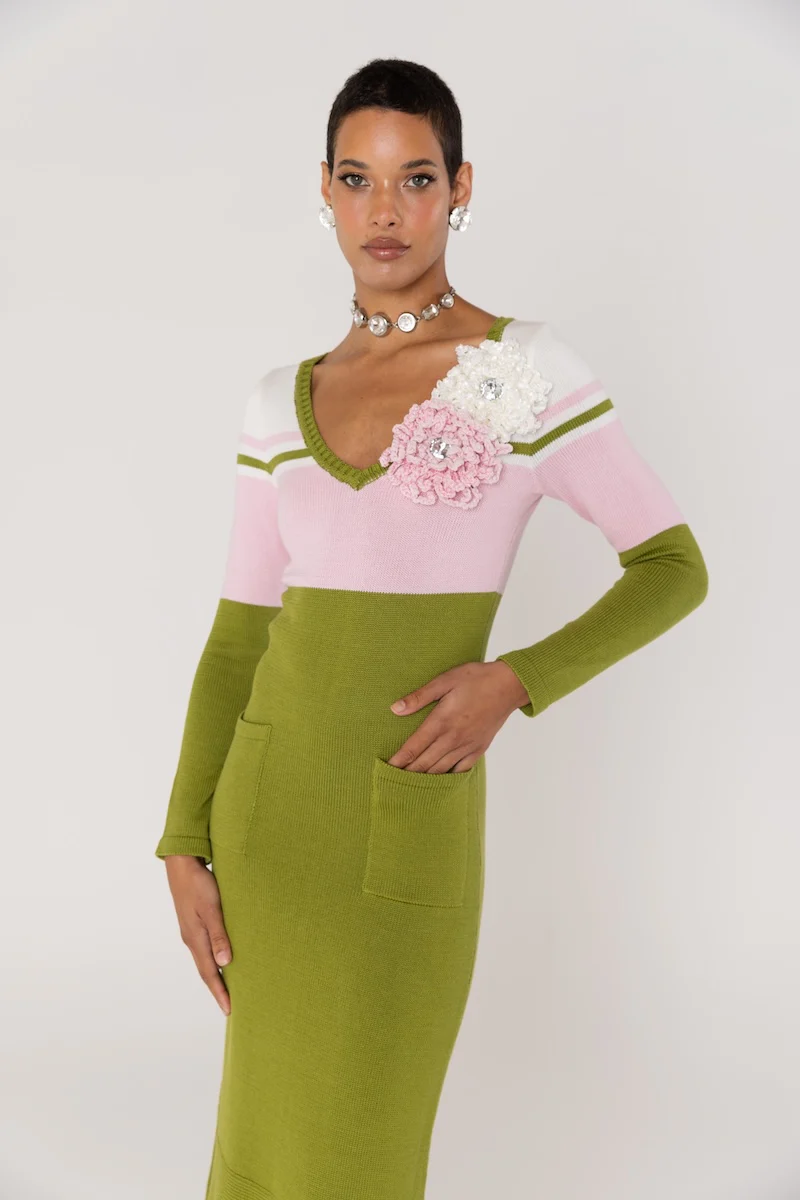 Chrysanthemum Green Knit Midi Dress with Swarovski Details - Image 7