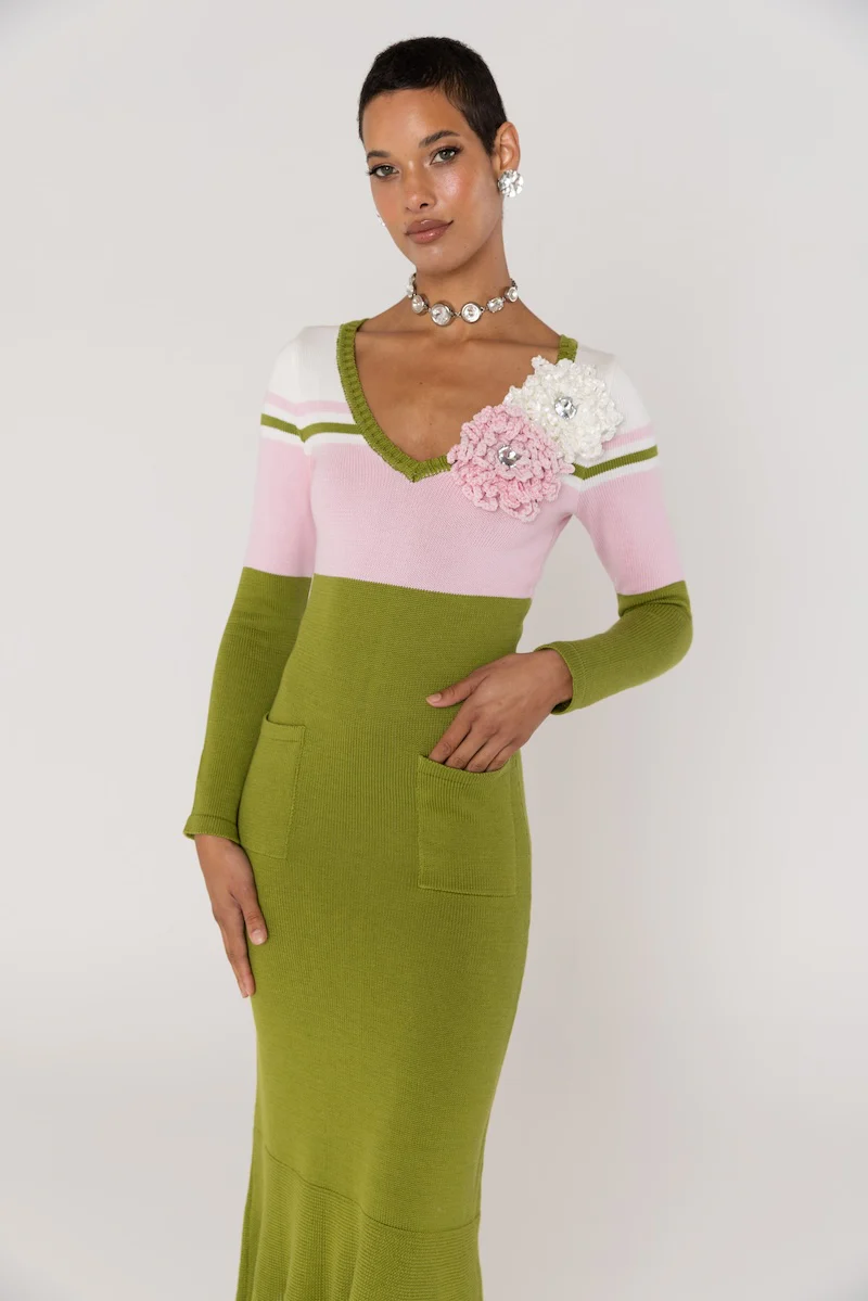 Chrysanthemum Green Knit Midi Dress with Swarovski Details - Image 8