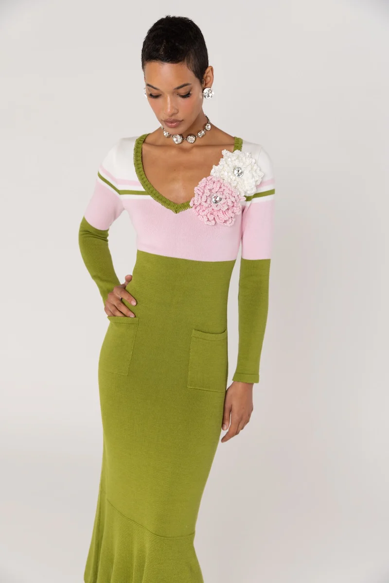 Chrysanthemum Green Knit Midi Dress with Swarovski Details - Image 9
