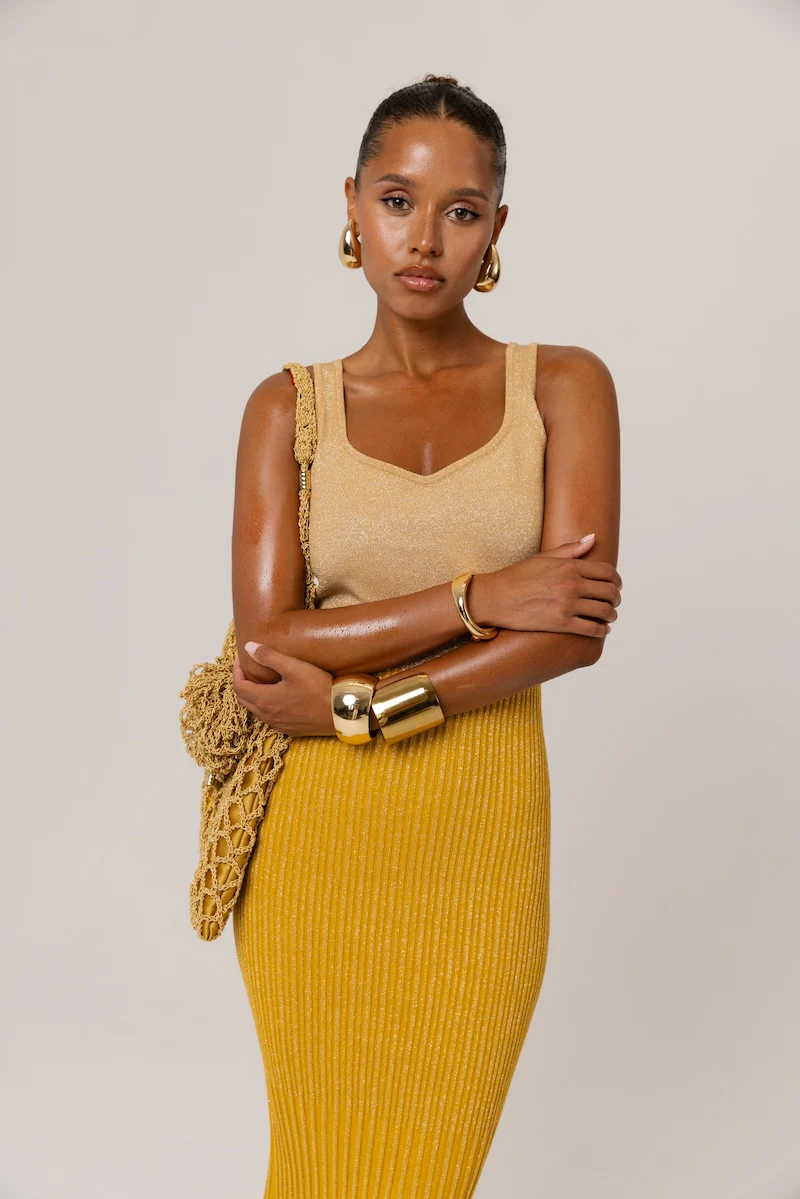 Golden Hour Metallic Knit Flared Dress - Image 12