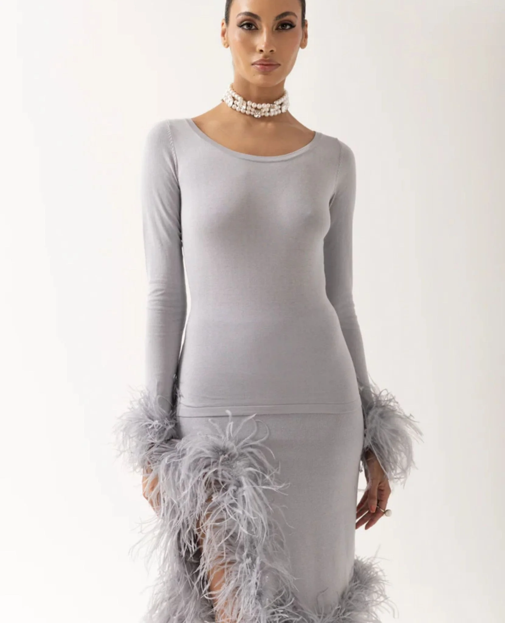 Grey Knit Skirt With Feathers - Image 3